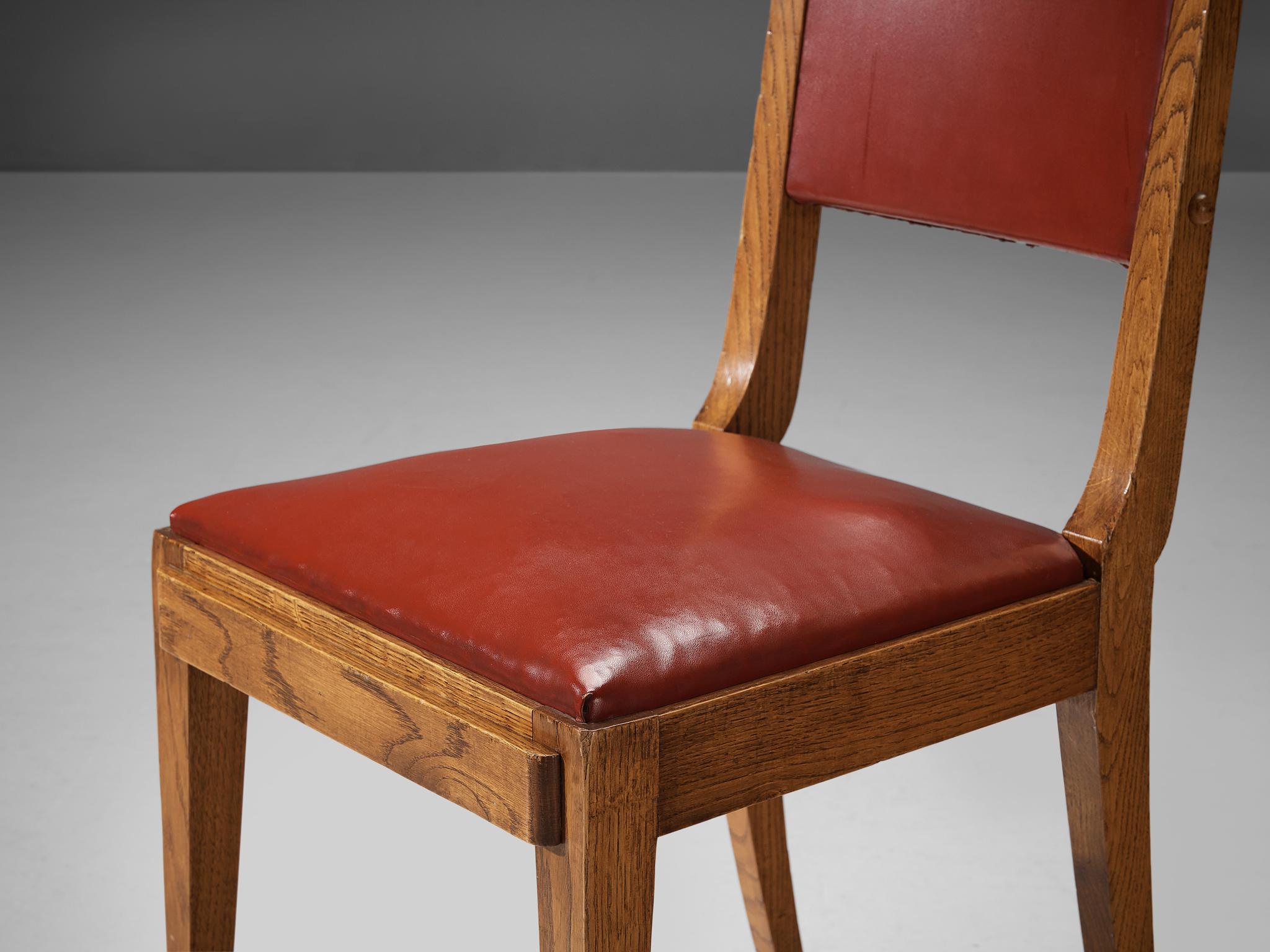 Faux Leather French Art Deco Pair of Dining Chairs in Oak and Red Upholstery