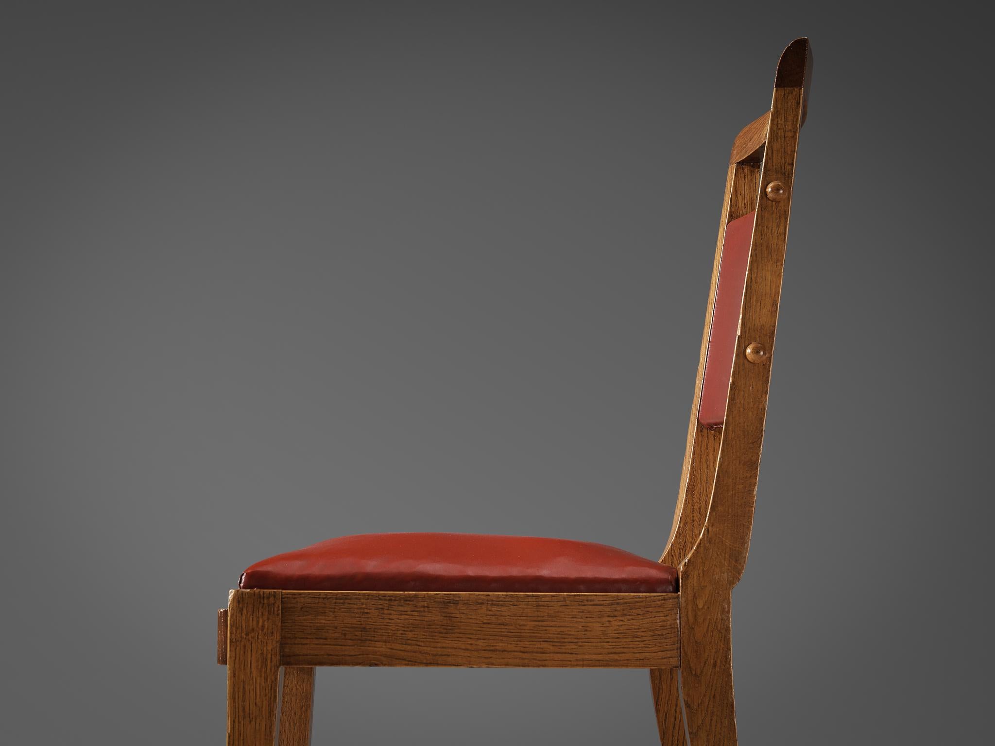 French Art Deco Pair of Dining Chairs in Oak and Red Upholstery 2
