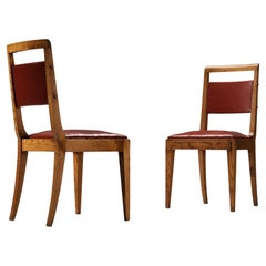 French Art Deco Pair of Dining Chairs in Oak and Red Upholstery