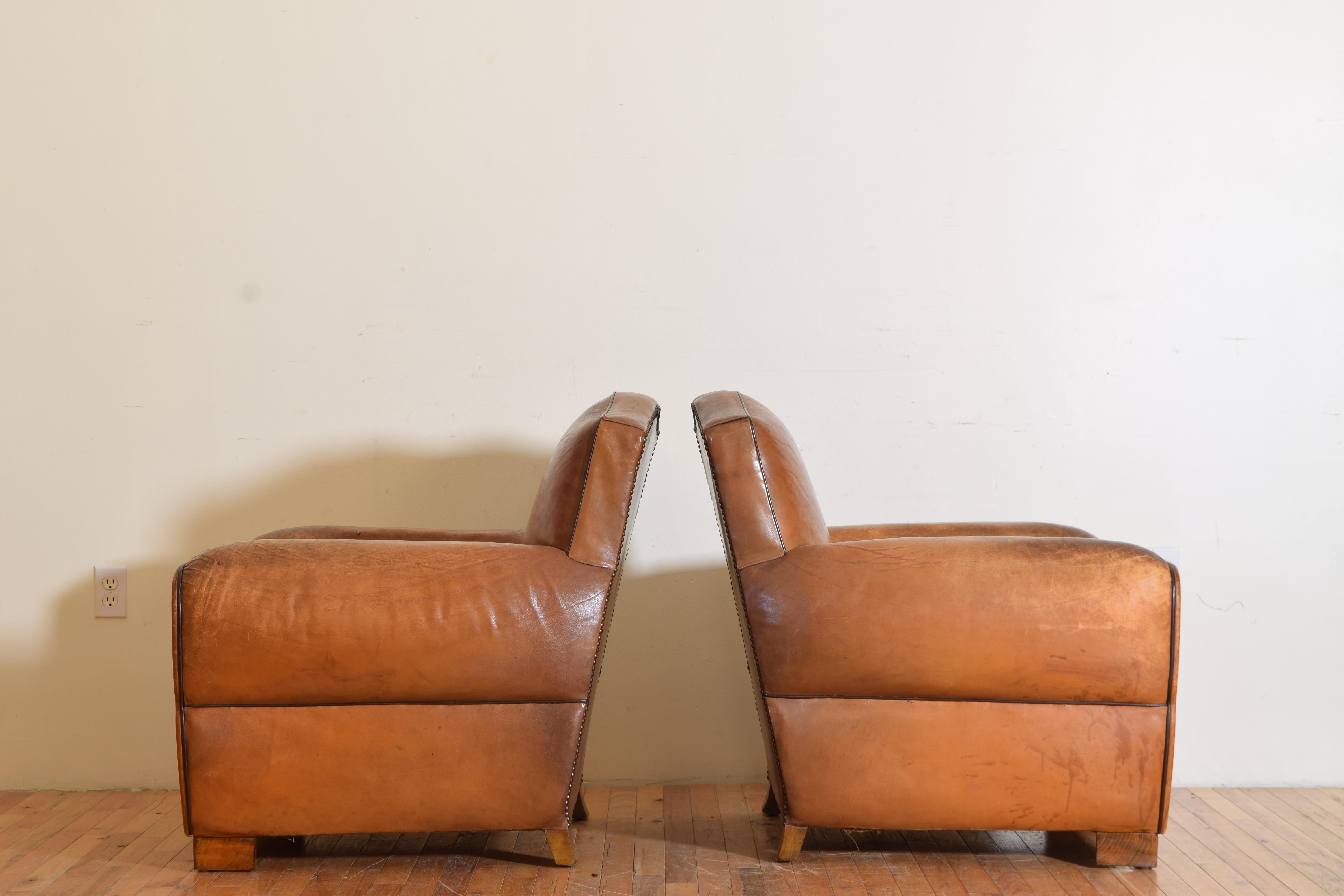 20th Century French Art Deco Pair of Leather & Velvet Upholstered Club Chairs, ca 1920-1930