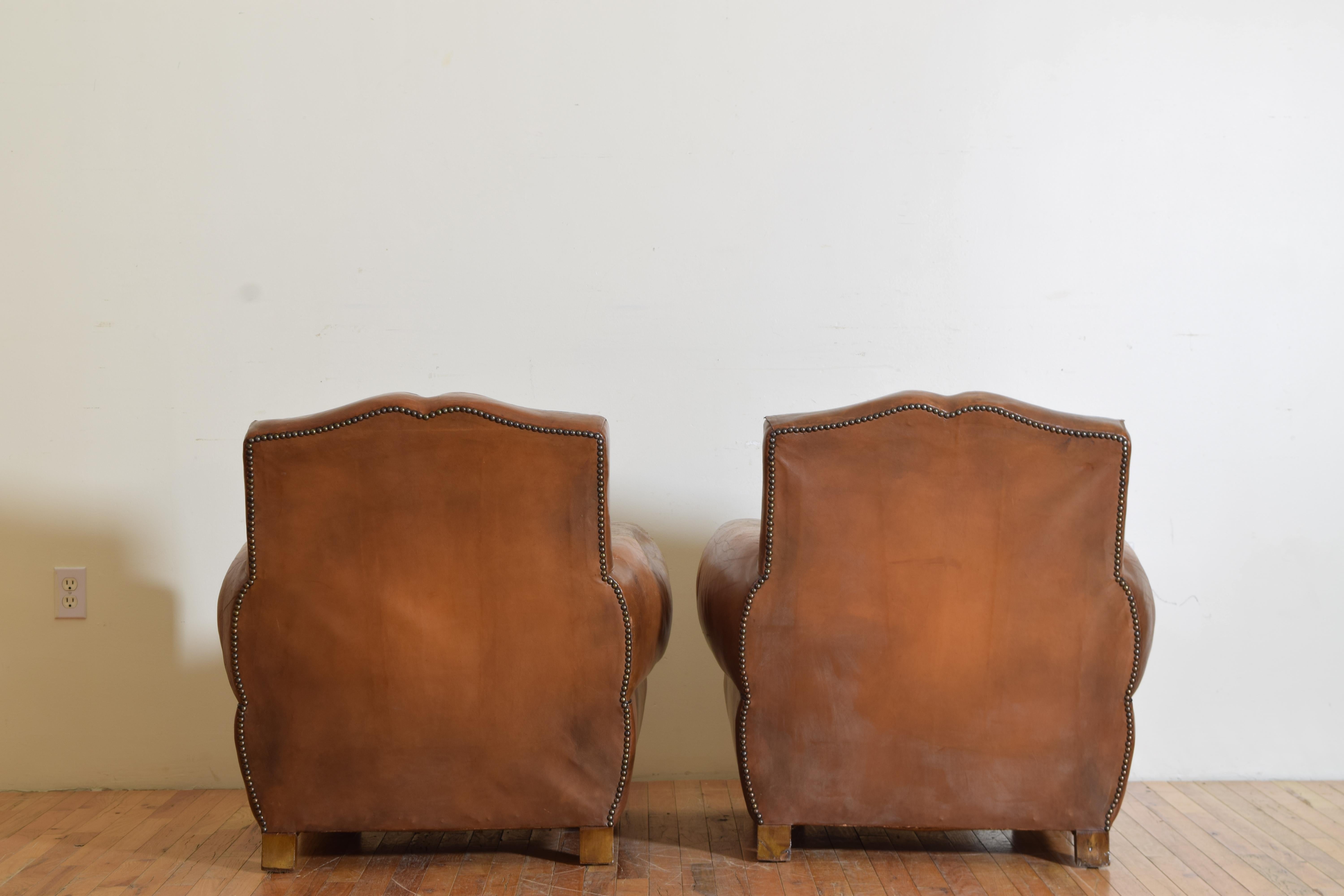 French Art Deco Pair of Leather & Velvet Upholstered Club Chairs, ca 1920-1930 1