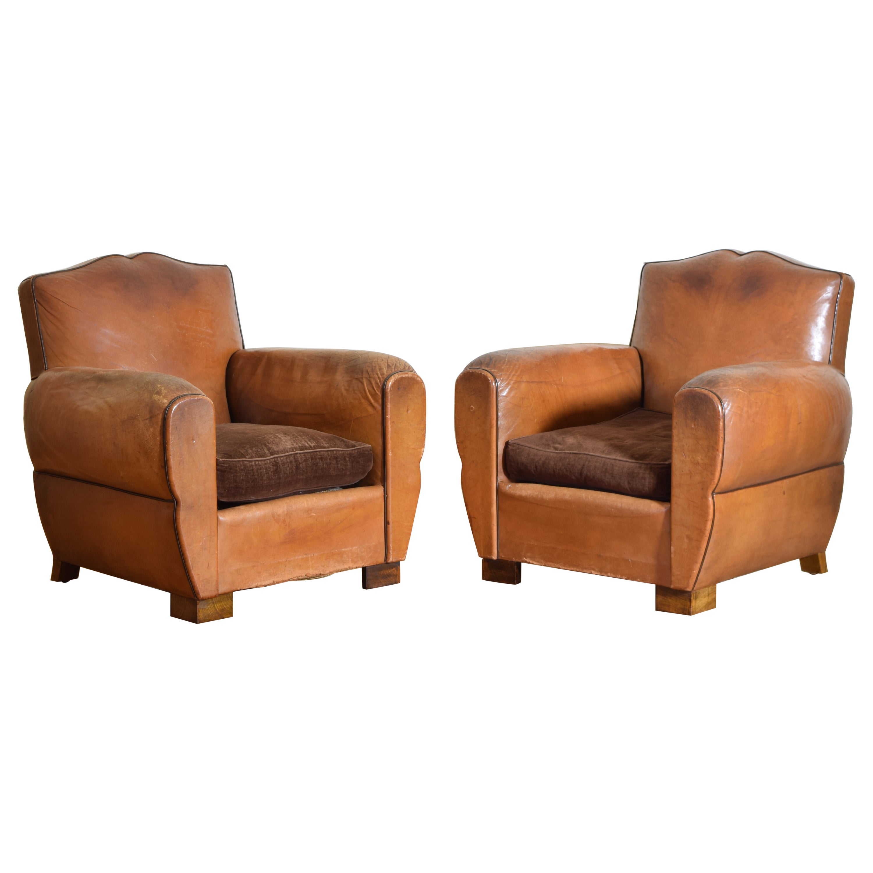 French Art Deco Pair of Leather 
Velvet Upholstered Club Chairs, ca 1920-1930