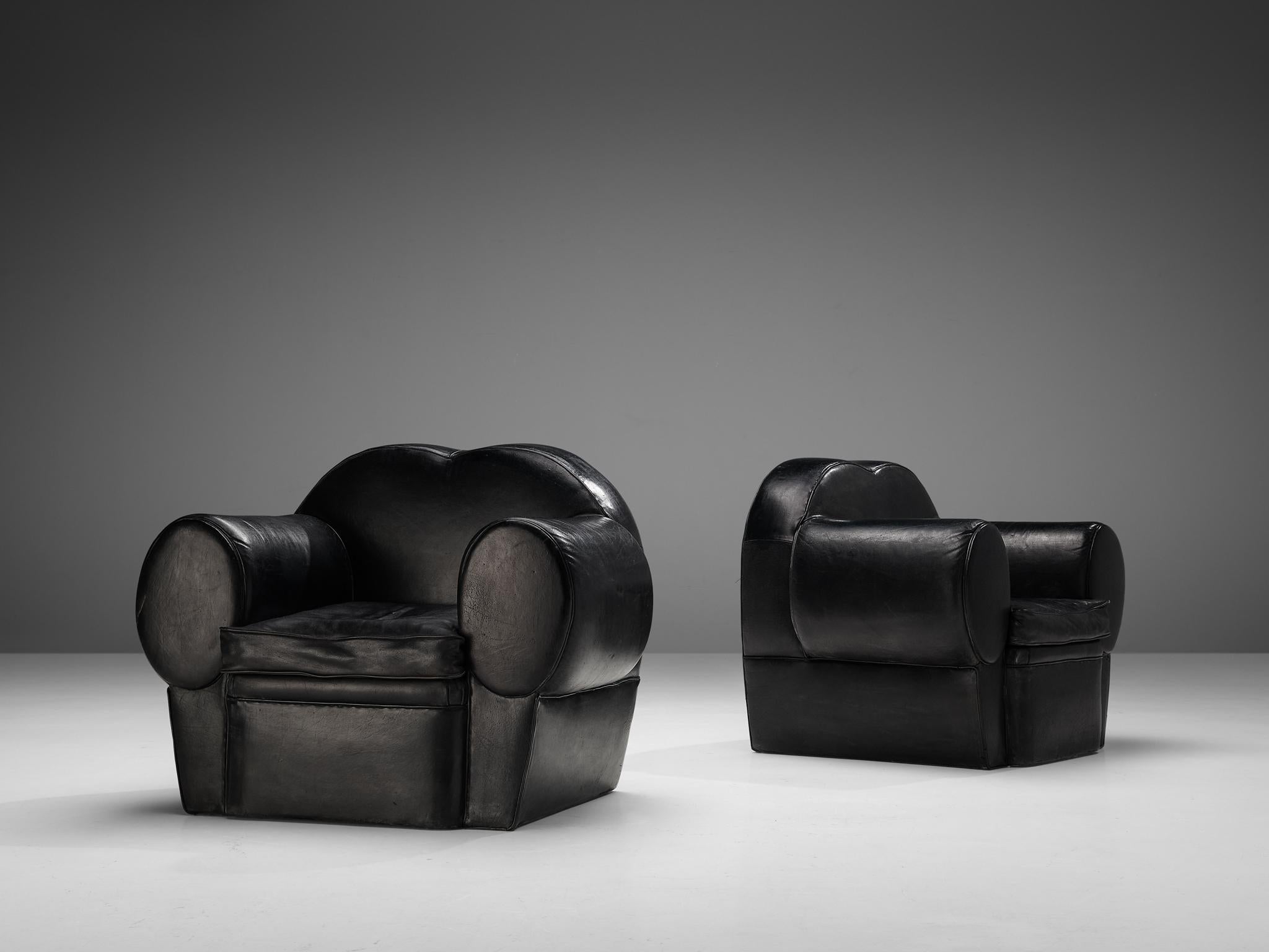 French Art Deco Pair of Lounge Chairs in Black Leather 1