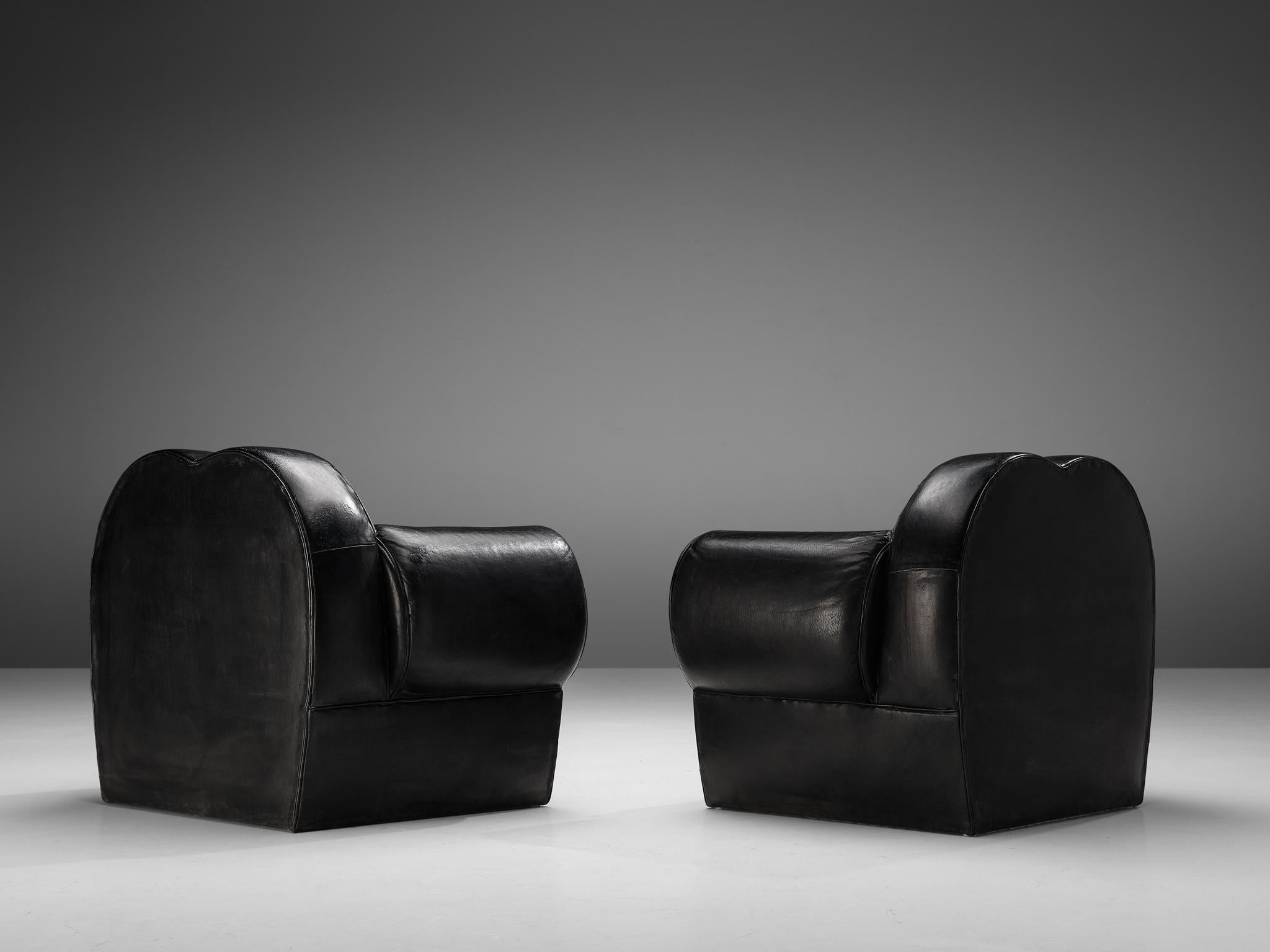 French Art Deco Pair of Lounge Chairs in Black Leather  5