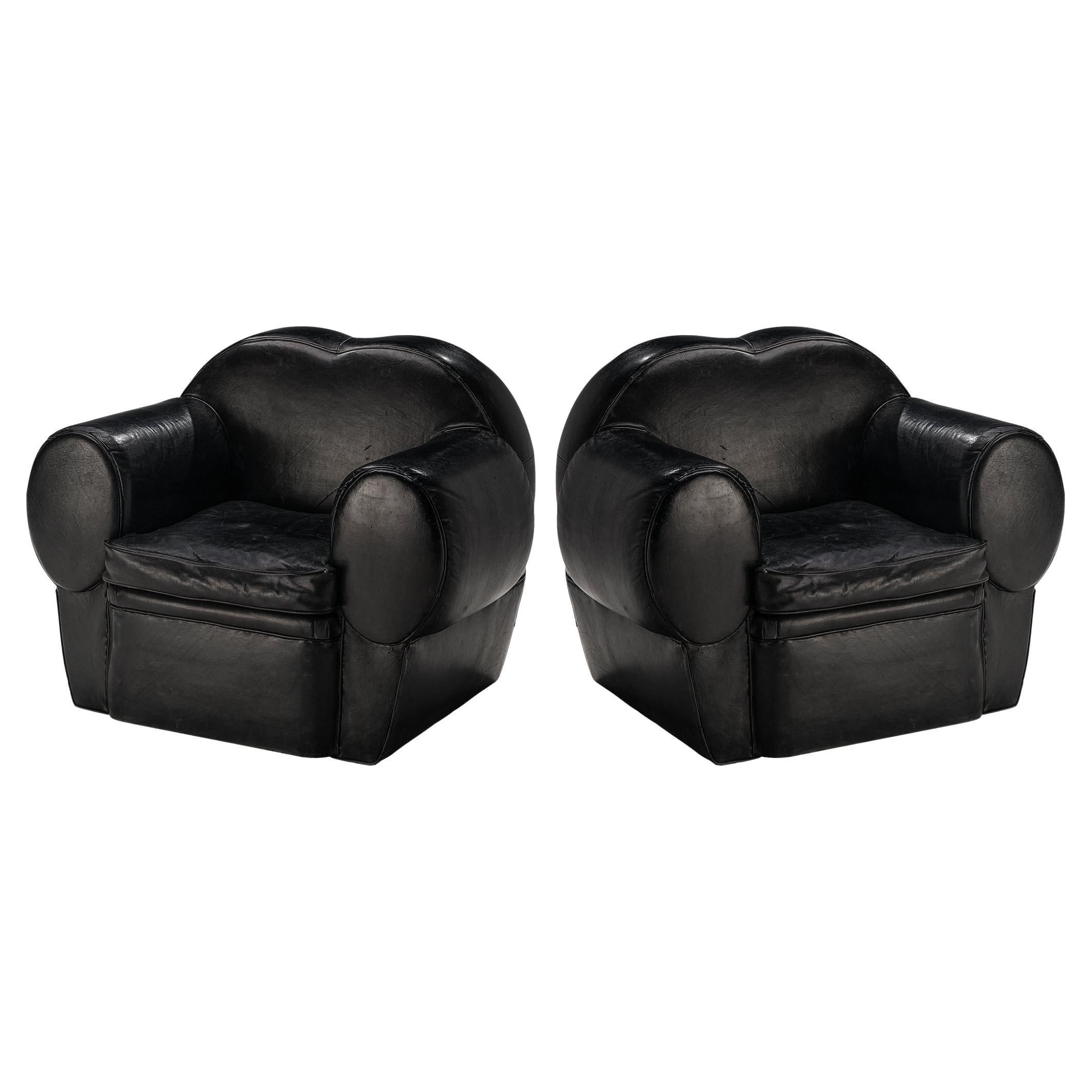 French Art Deco Pair of Lounge Chairs in Black Leather