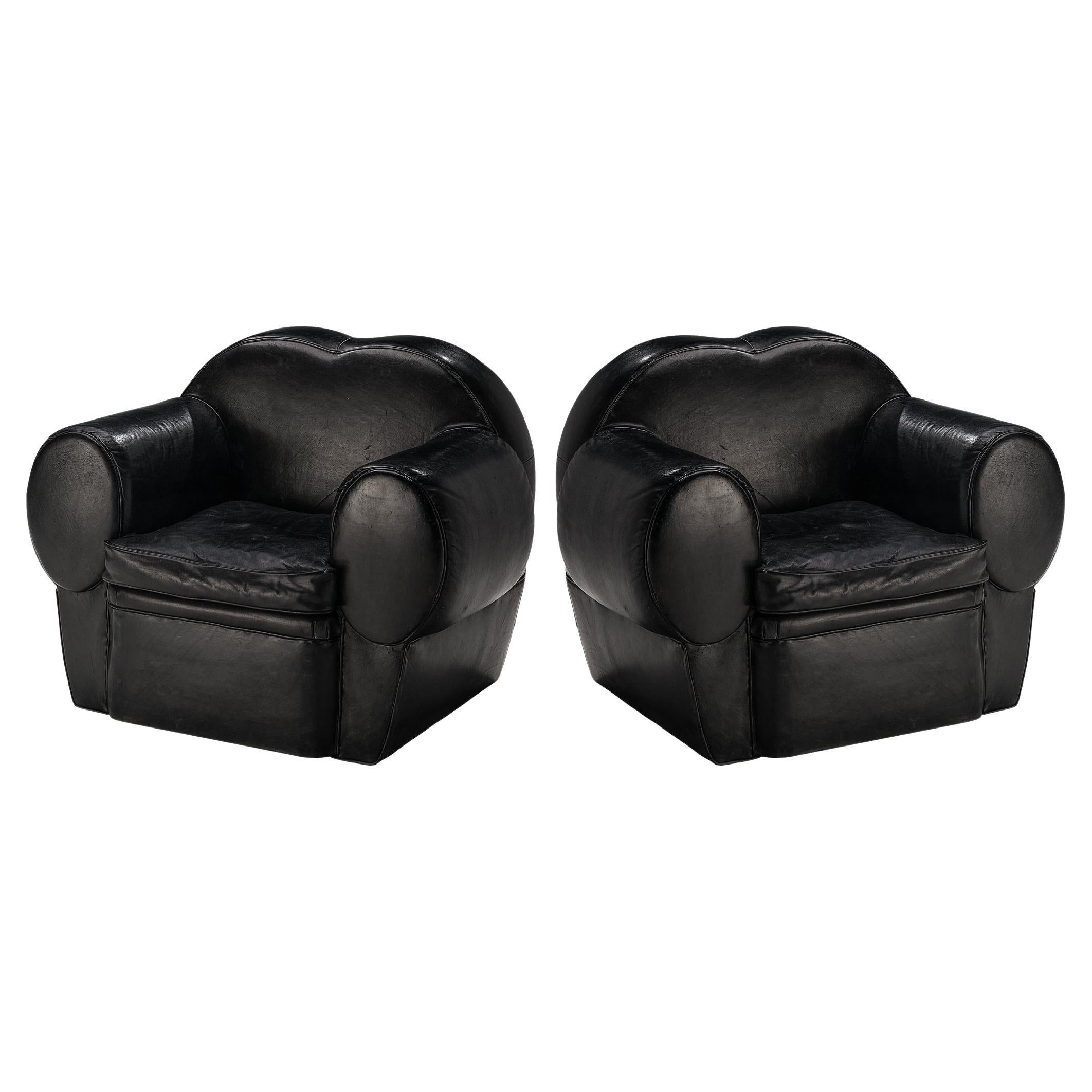 French Art Deco Pair of Lounge Chairs in Black Leather 