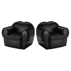 French Art Deco Pair of Lounge Chairs in Black Leather