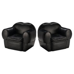 French Art Deco Pair of Lounge Chairs in Black Leather 