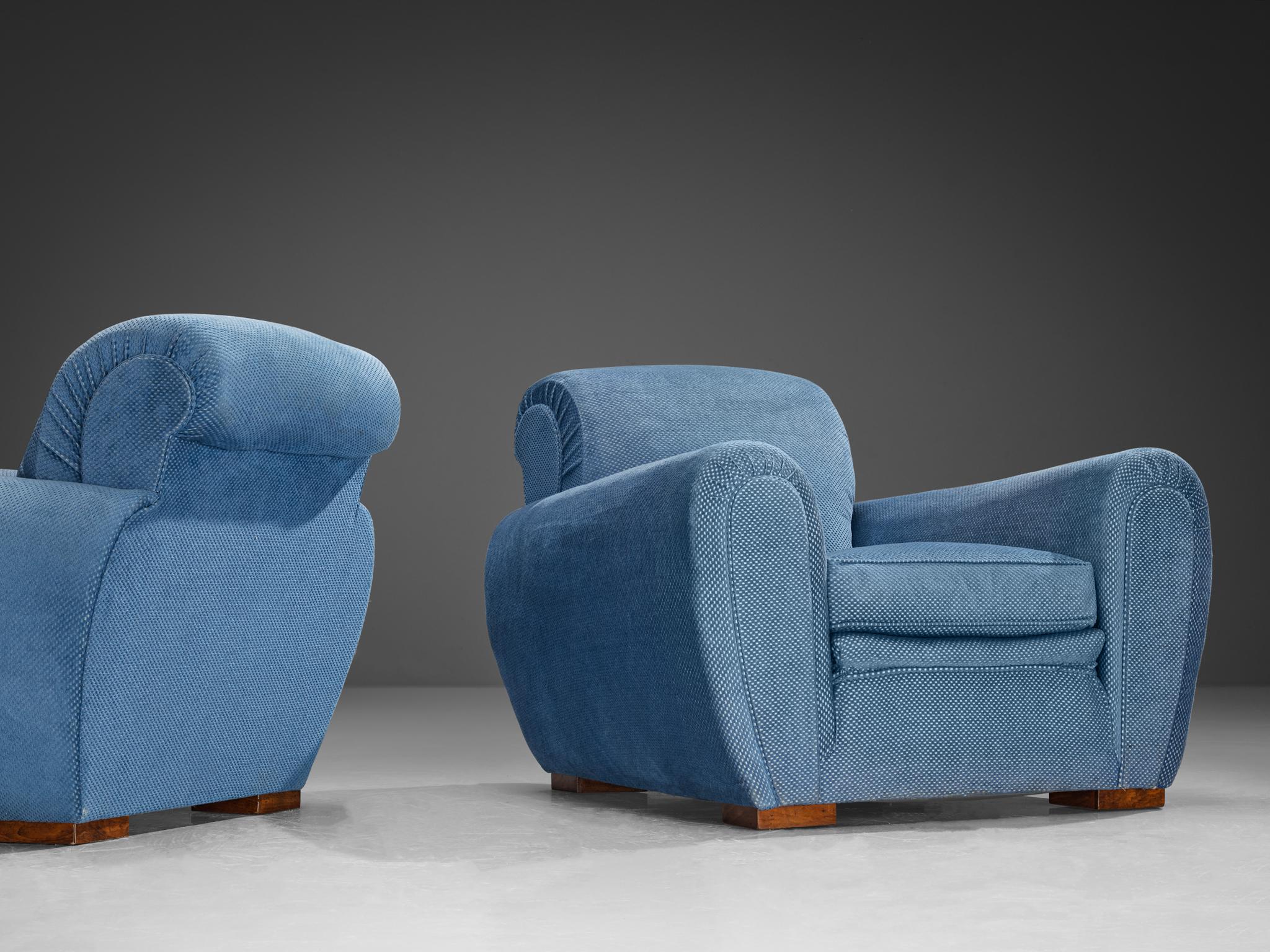Pareja de sillones art déco franceses tapizados en azul Art Decó en venta