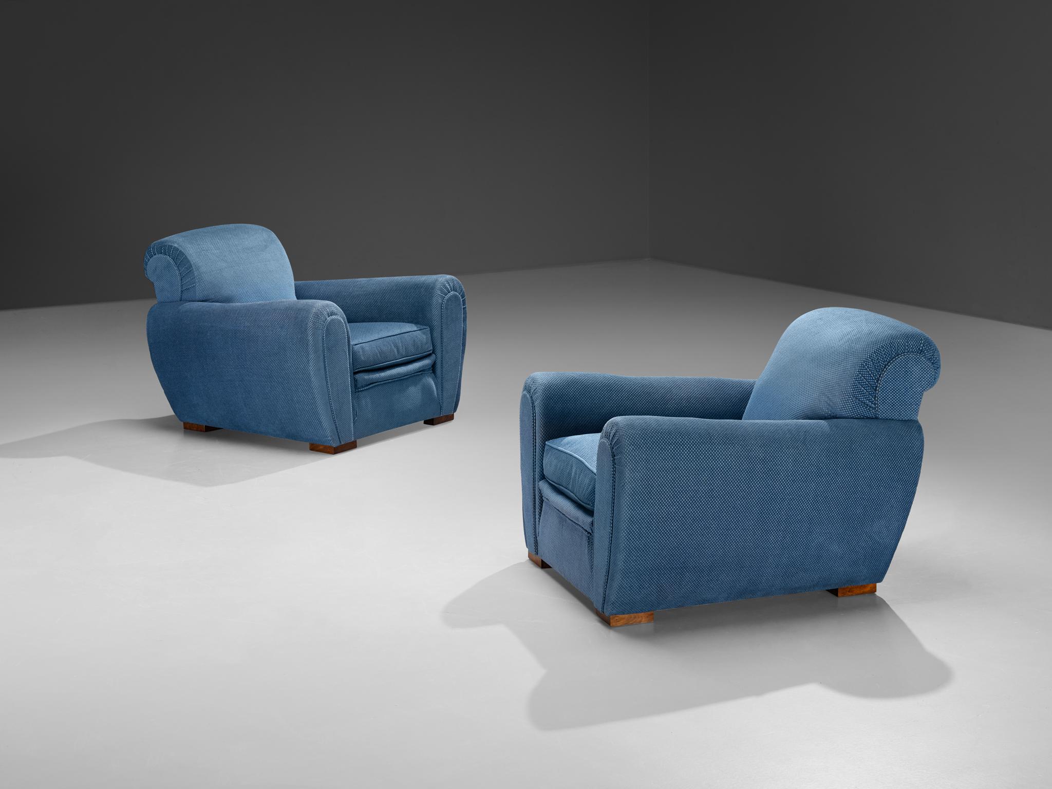Pareja de sillones art déco franceses tapizados en azul en venta 1