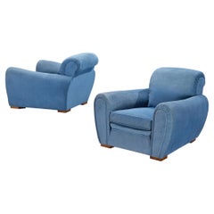 French Art Deco Pair of Lounge Chairs in Blue Upholstery 