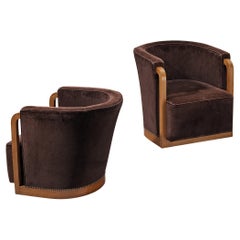 French Art Deco Pair of Lounge Chairs in Brown Velvet and Wood