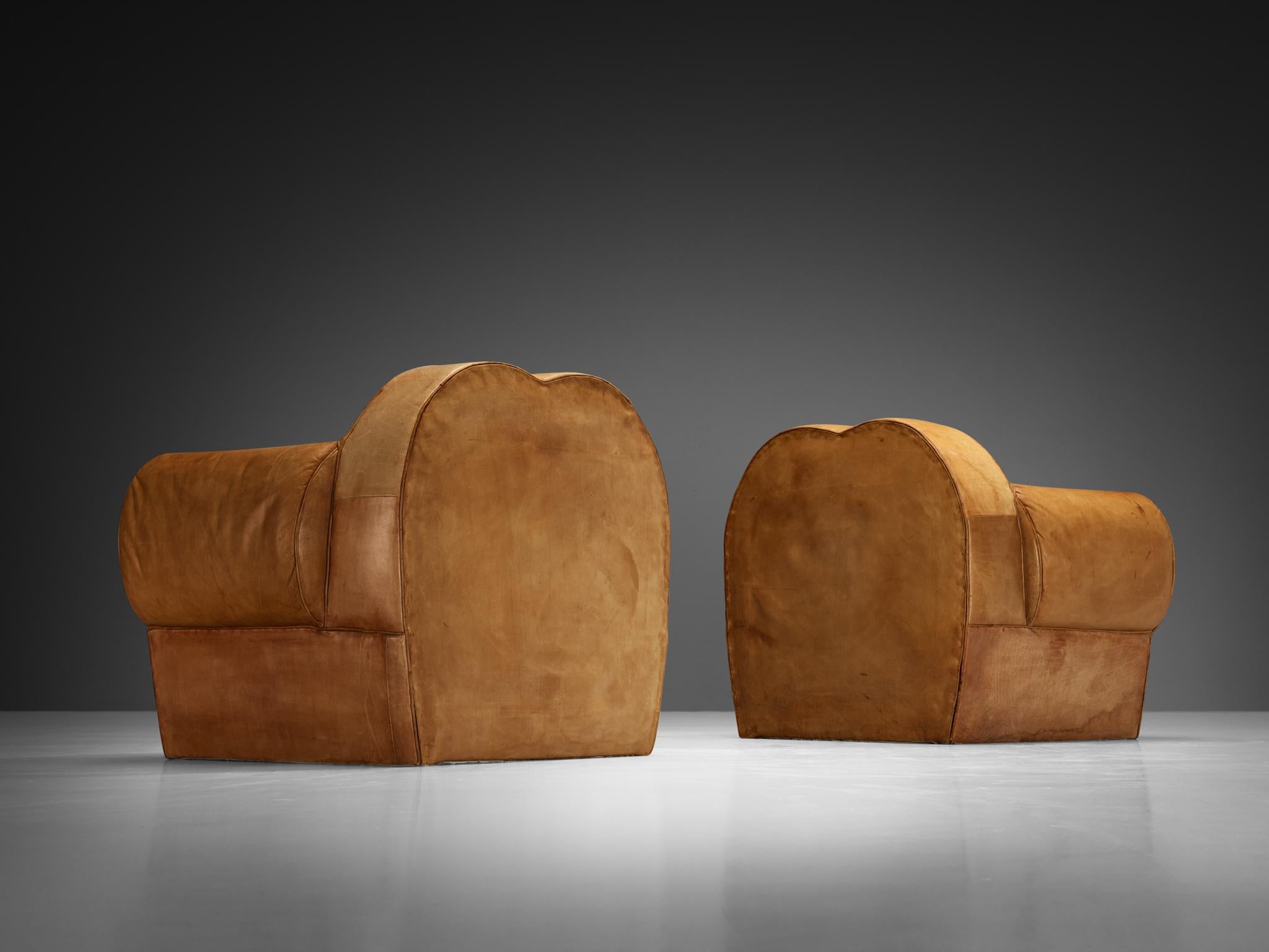French Art Deco Pair of Lounge Chairs in Cognac Leather In Good Condition For Sale In Waalwijk, NL
