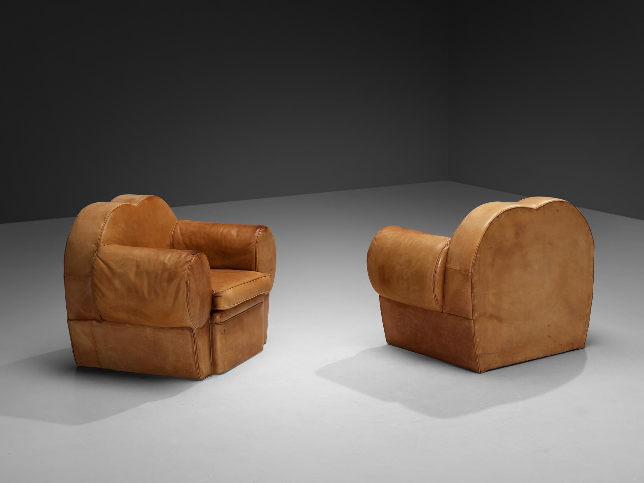 French Art Deco Pair of Lounge Chairs in Cognac Leather For Sale 2