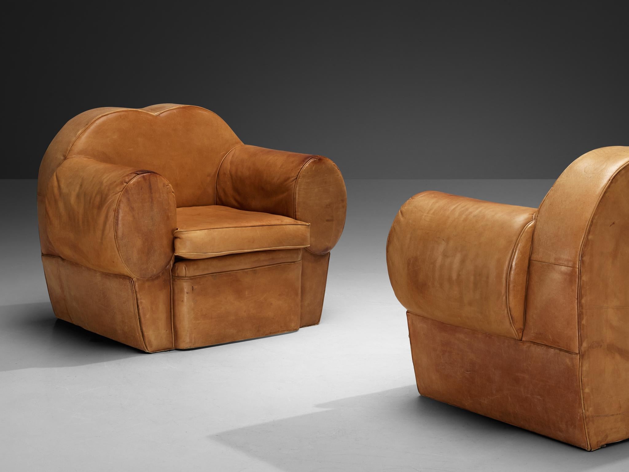 French Art Deco Pair of Lounge Chairs in Cognac Leather For Sale 3