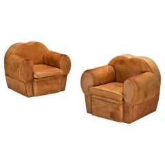 Coppia di sedie da salotto francesi Art Déco in pelle cognac