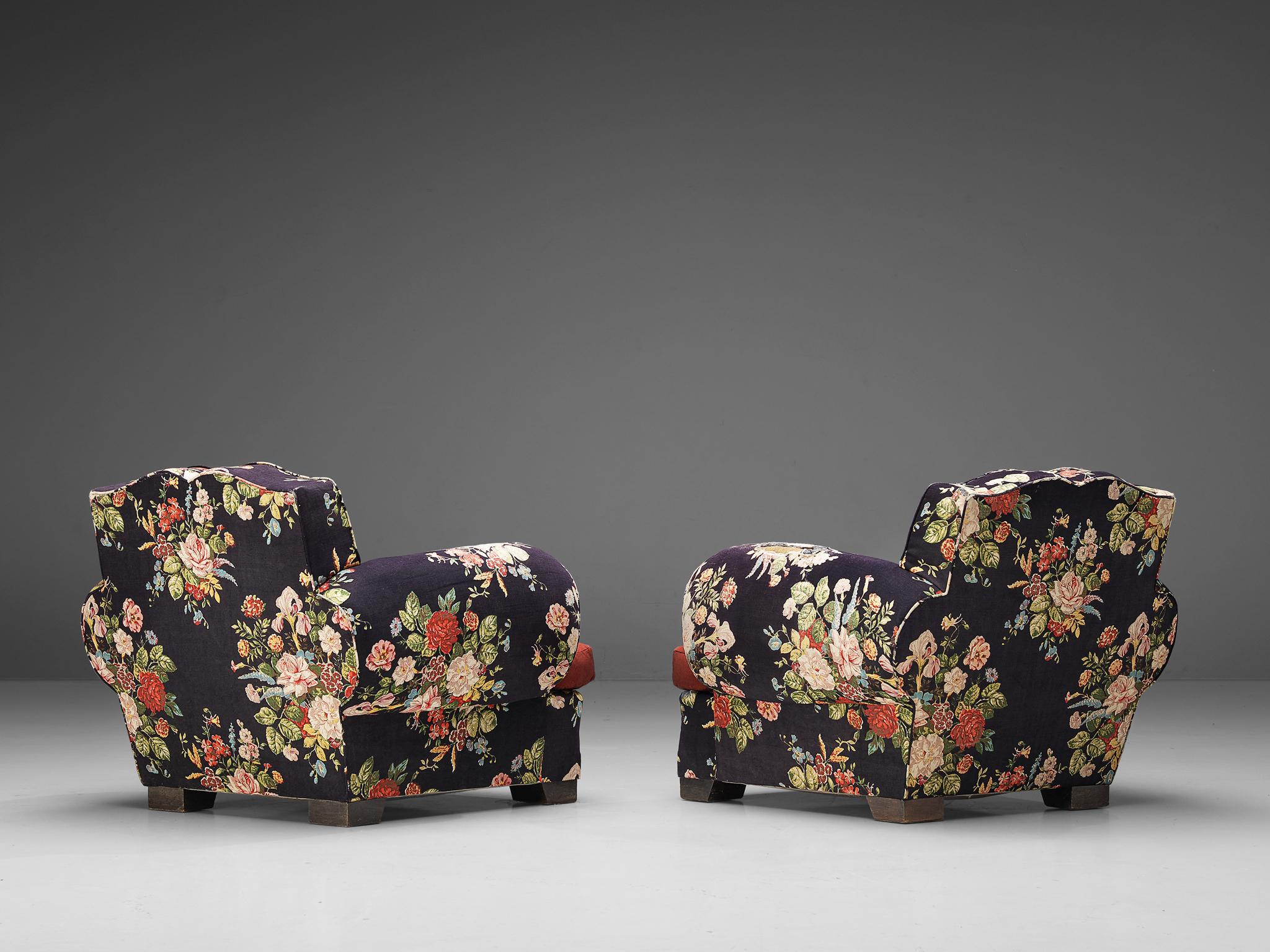 Tissu Paire de chaises longues Art Déco françaises en tissu à fleurs  en vente