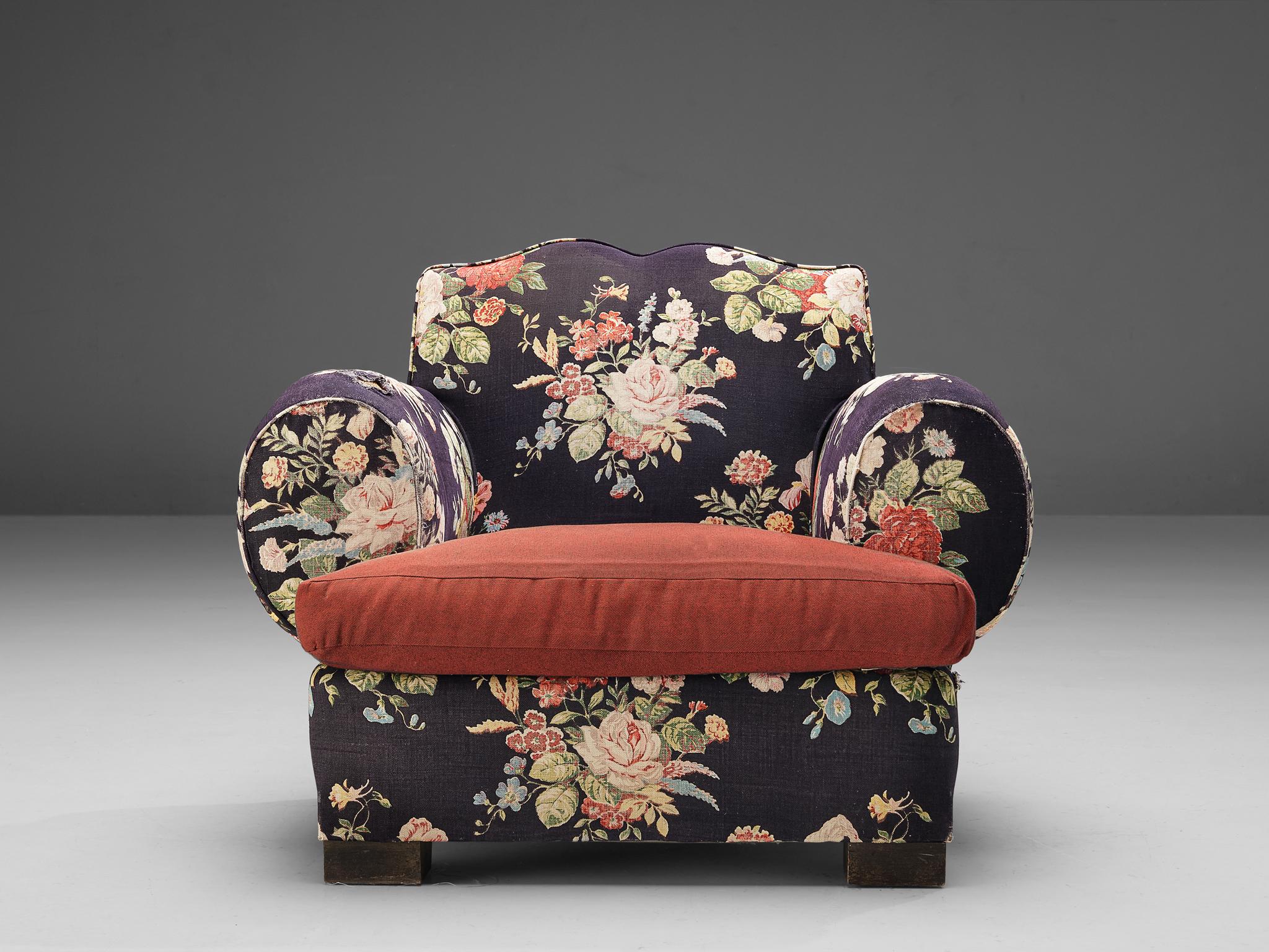 Paire de chaises longues Art Déco françaises en tissu à fleurs  en vente 1