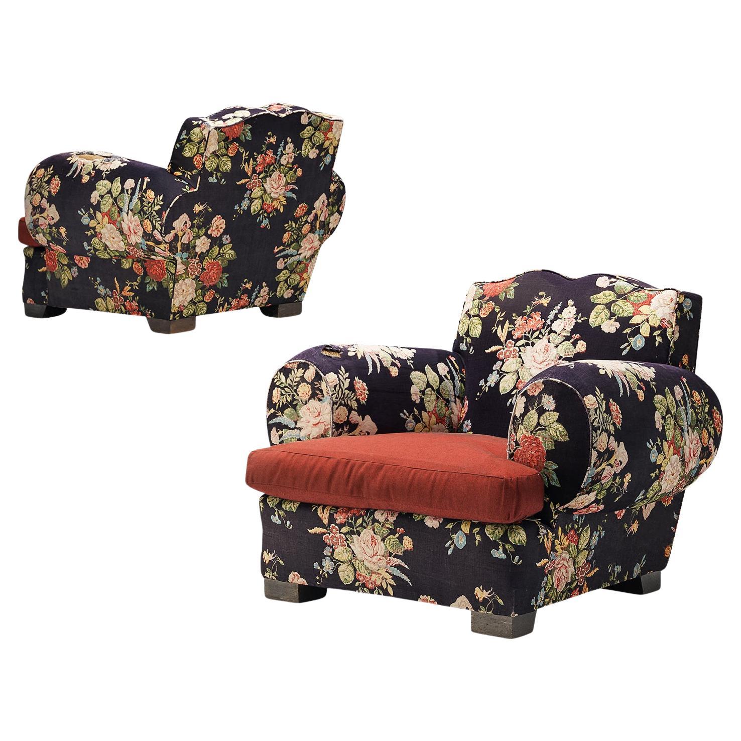 French Art Deco Pair of Lounge Chairs in Floral Upholstery 
