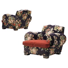 Retro French Art Deco Pair of Lounge Chairs in Floral Upholstery 