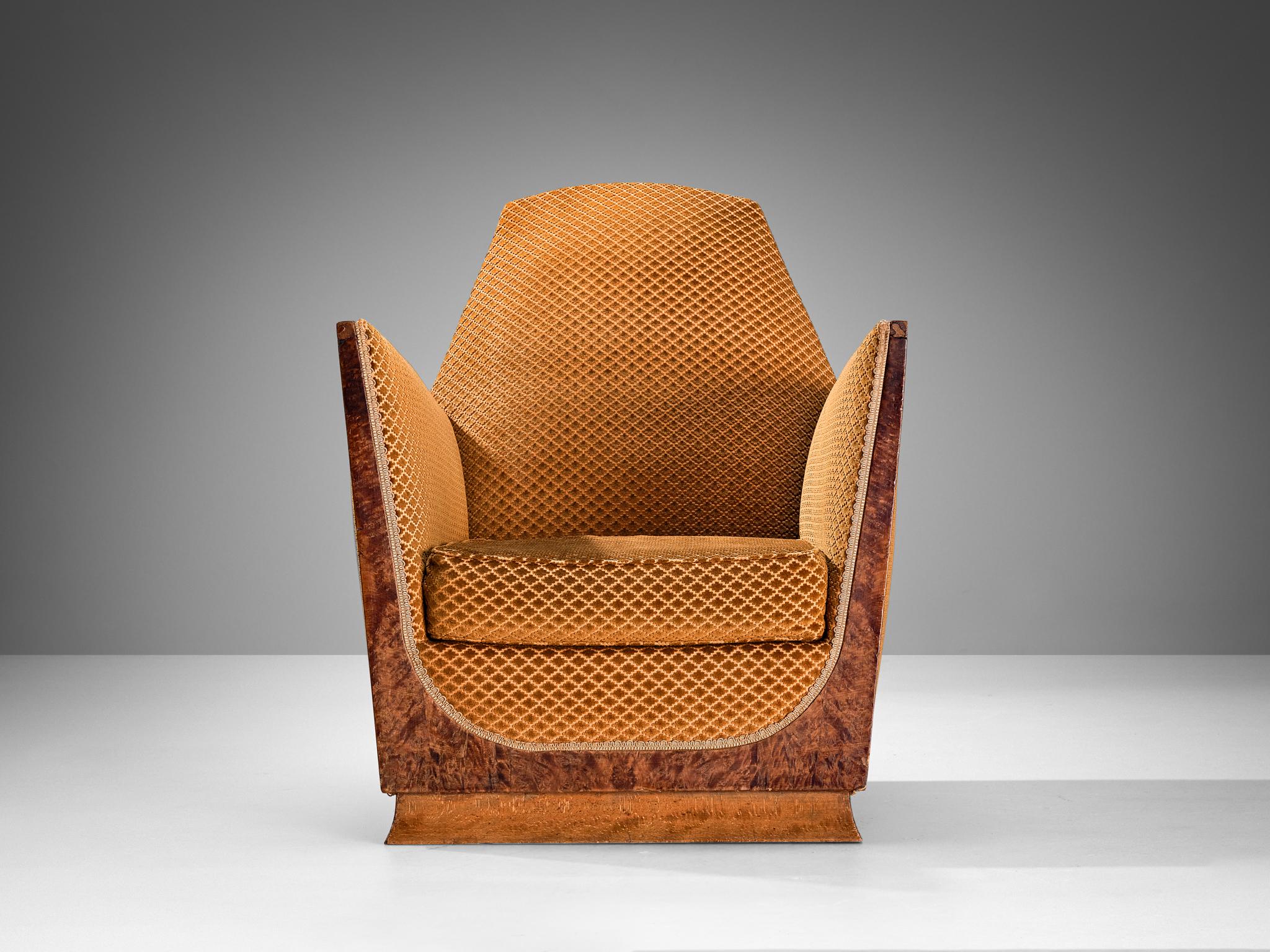 Mid-20th Century French Art Deco Pair of Lounge Chairs in Ocher Yellow Upholstery and Burl 