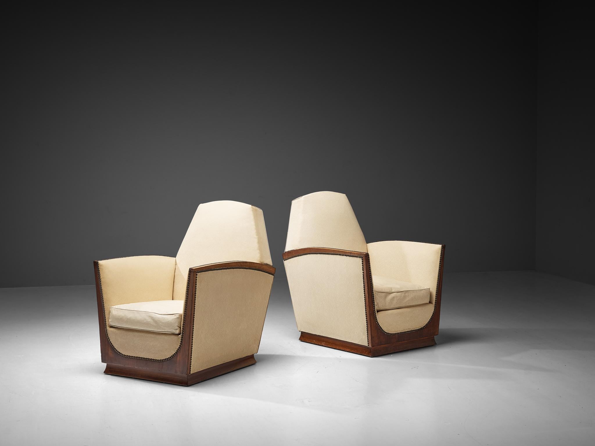 French Art Deco Pair of Lounge Chairs in Off White Upholstery For Sale 1