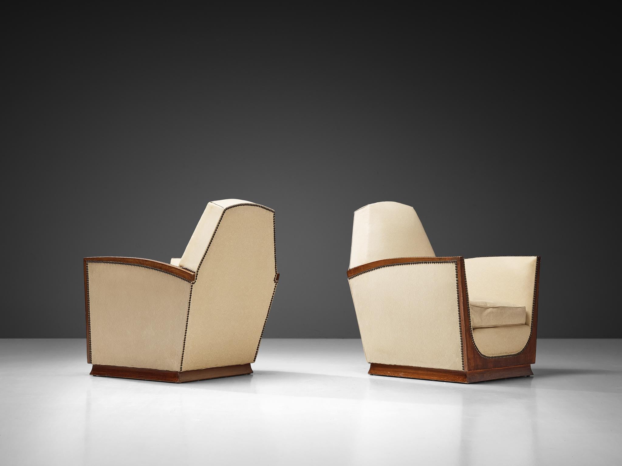 French Art Deco Pair of Lounge Chairs in Off White Upholstery For Sale 3