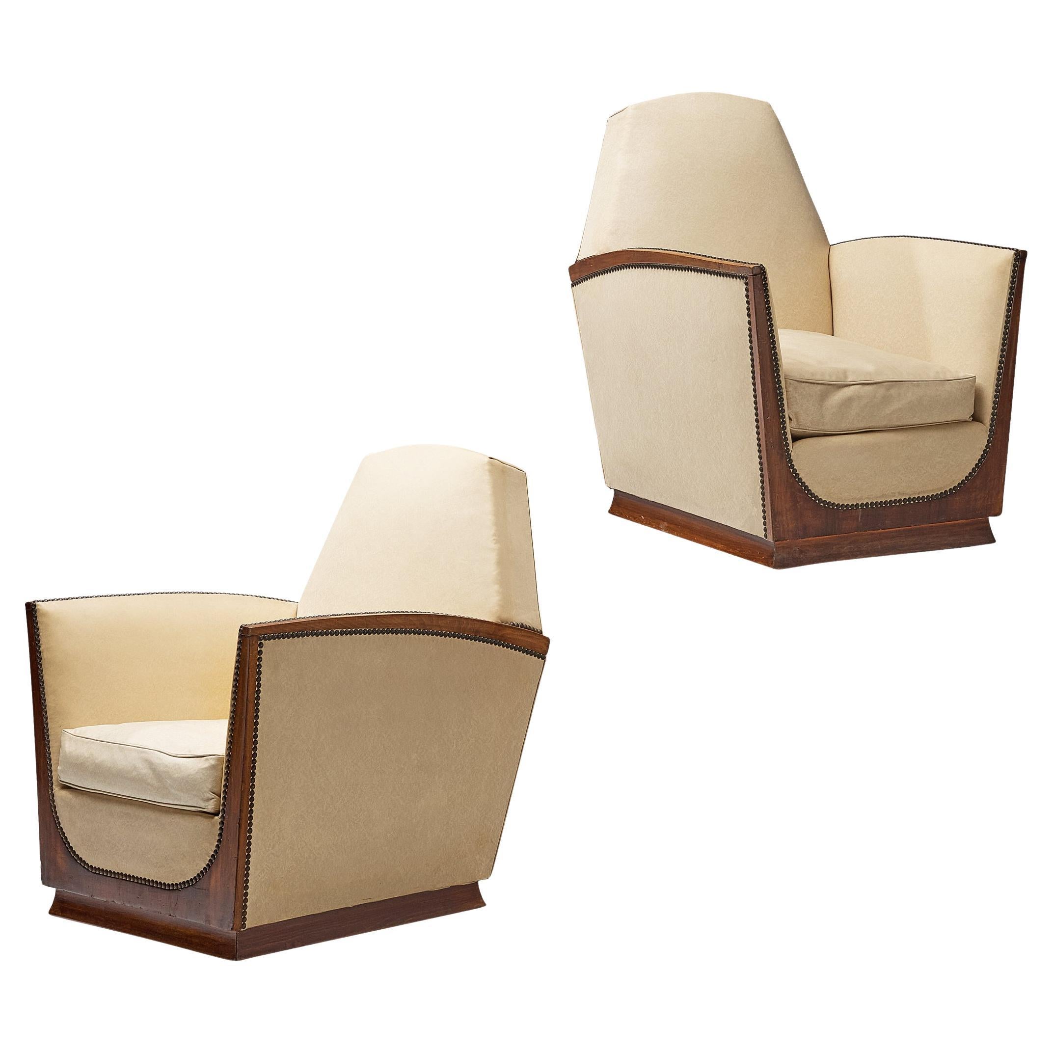 French Art Deco Pair of Lounge Chairs in Off White Upholstery For Sale