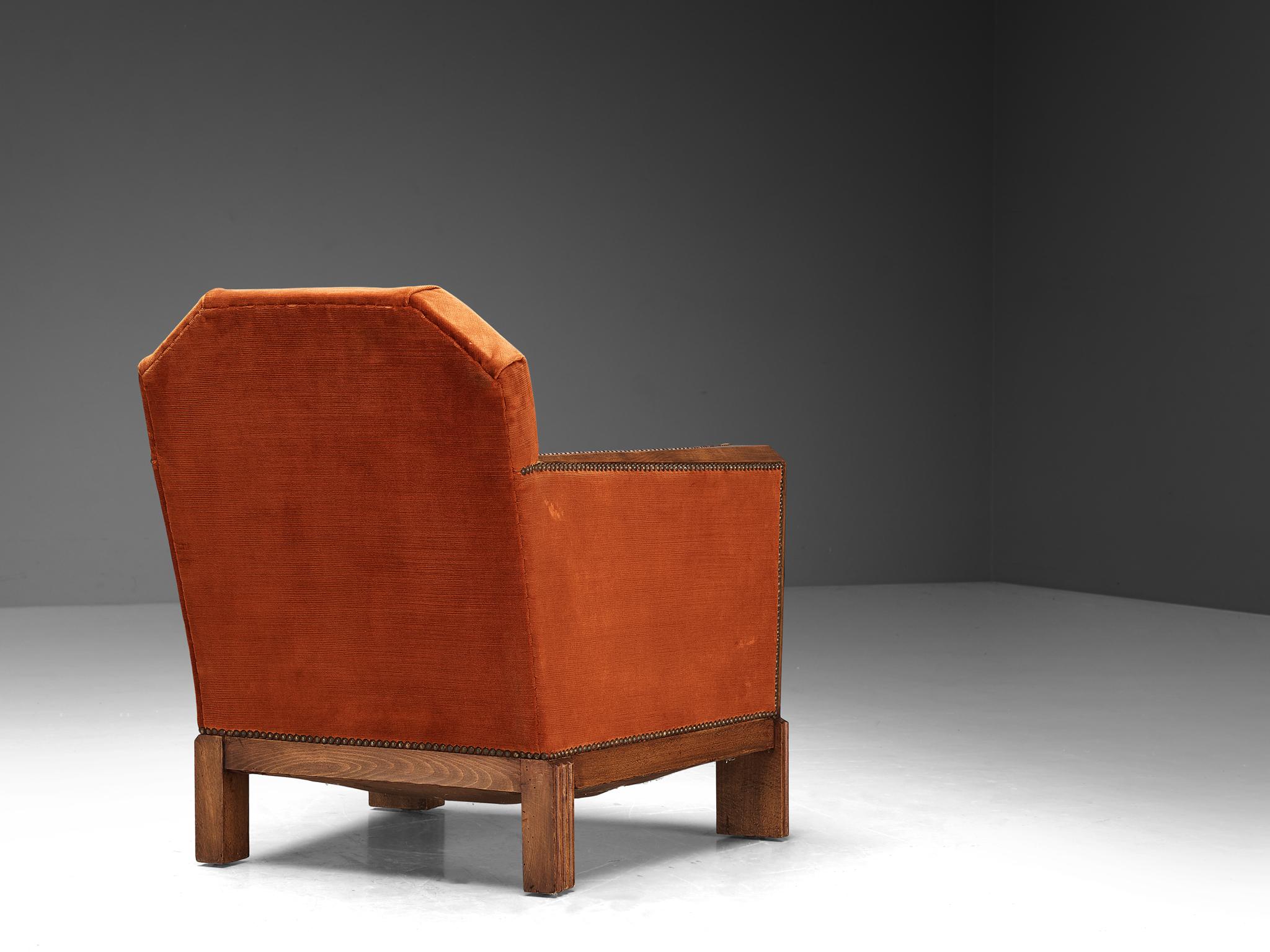 French Art Deco Pair of Lounge Chairs in Orange Corduroy and Walnut 5