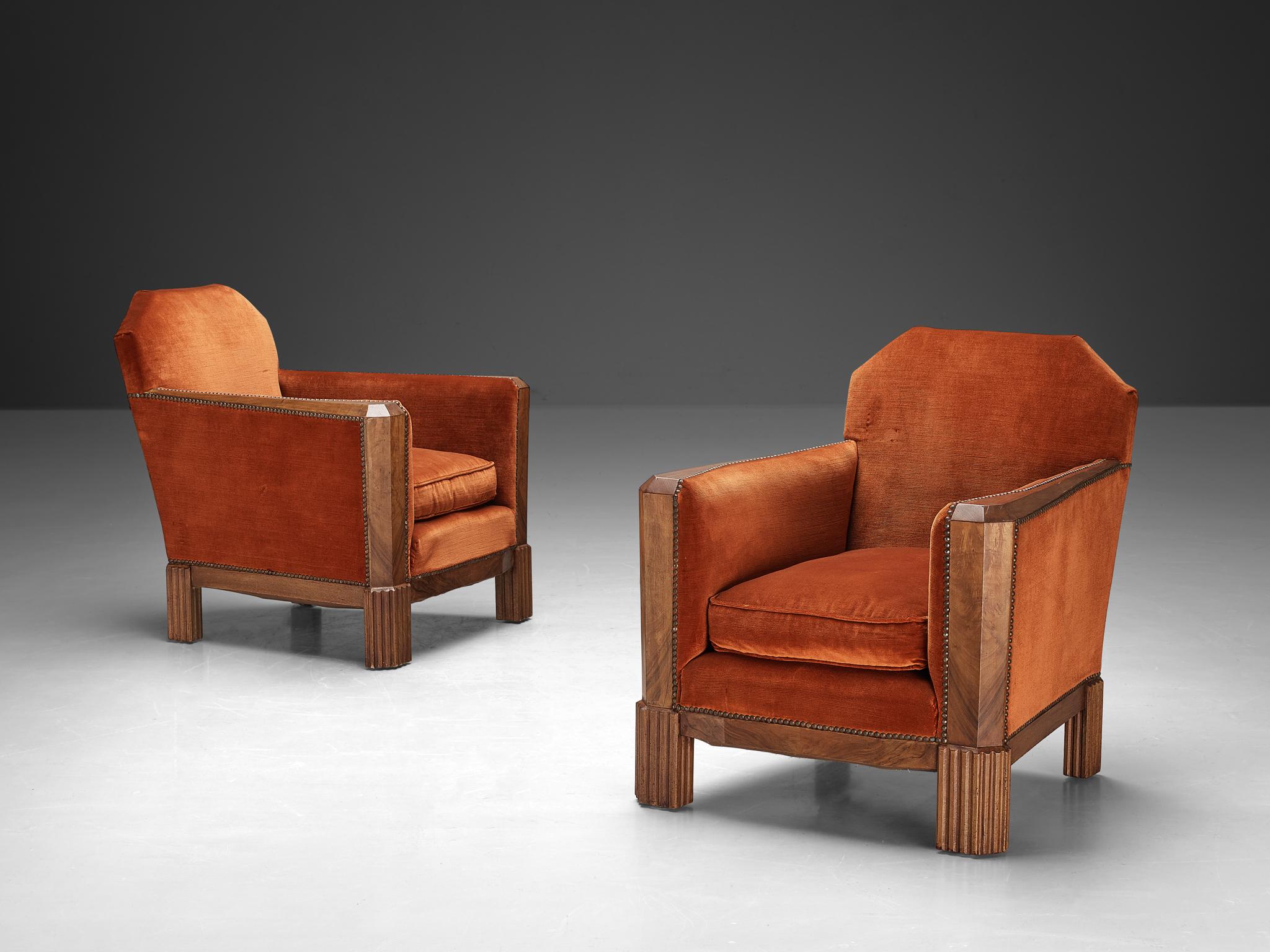 Pair of armchairs, corduroy, walnut, beech, metal, France, 1930s

These elegantly crafted lounge chairs hail from one of the most significant periods in art history, the Art Deco Movement. Originating in France during the 1930s, these chairs are
