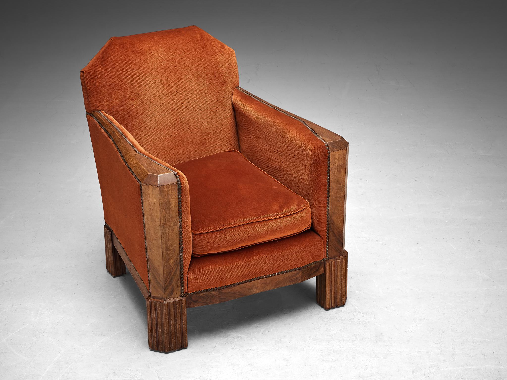 Mid-20th Century French Art Deco Pair of Lounge Chairs in Orange Corduroy and Walnut