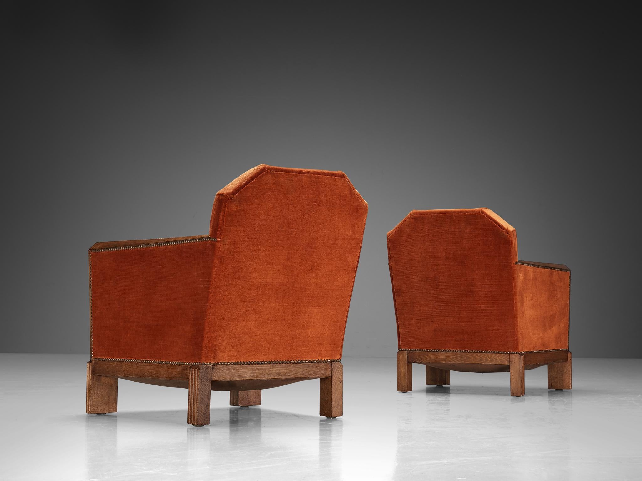 Metal French Art Deco Pair of Lounge Chairs in Orange Corduroy and Walnut