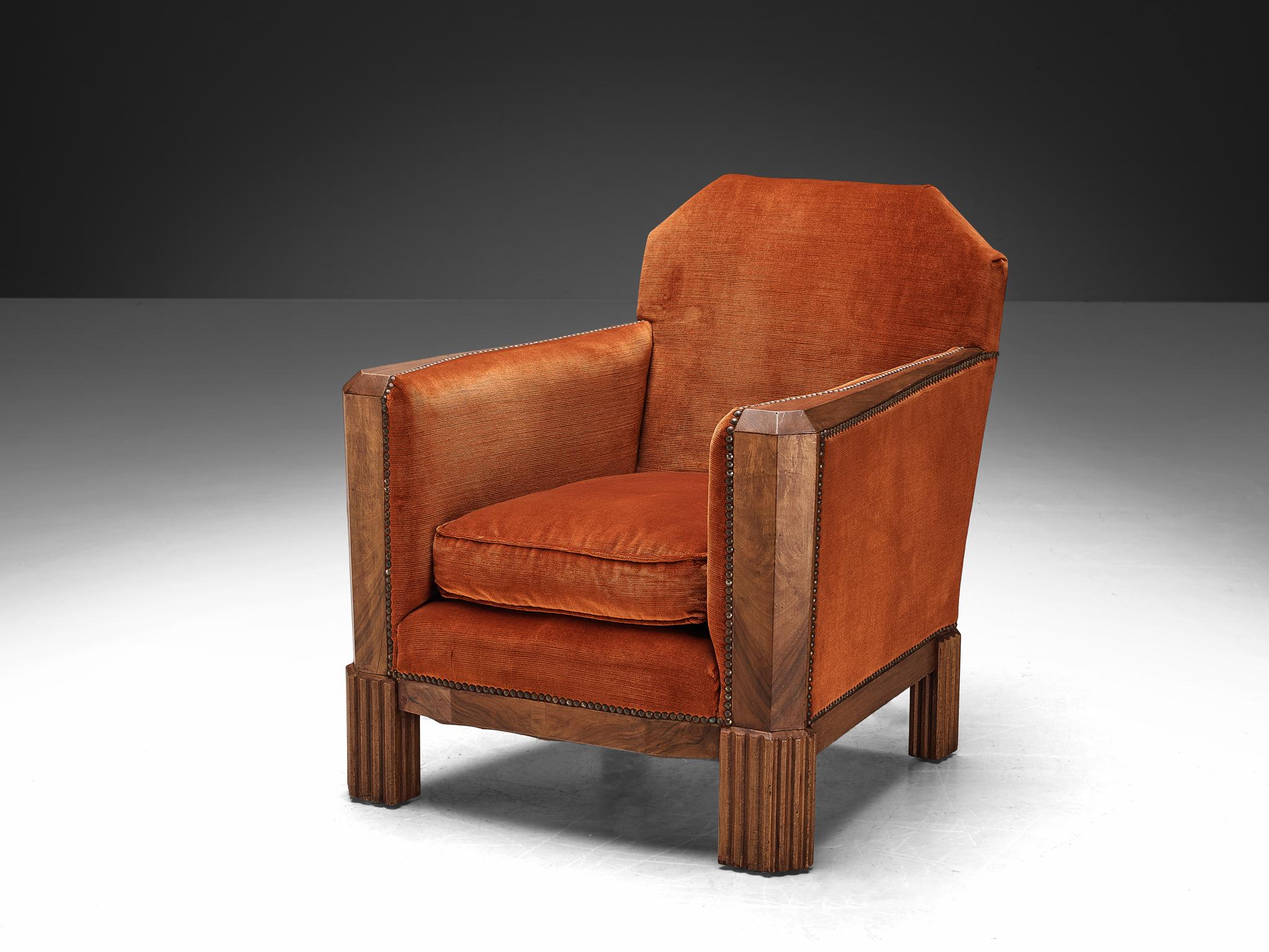 French Art Deco Pair of Lounge Chairs in Orange Corduroy and Walnut 1