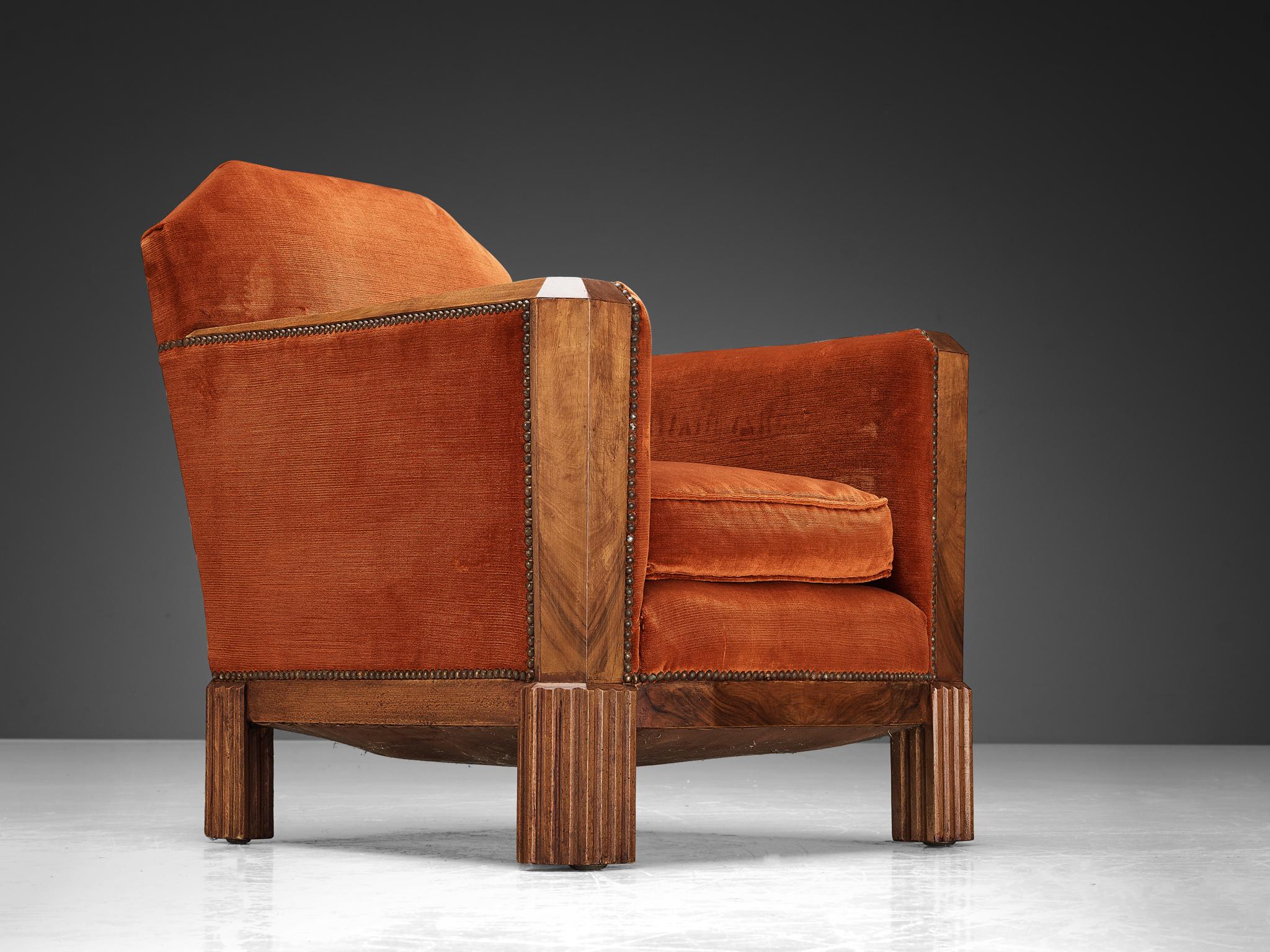 French Art Deco Pair of Lounge Chairs in Orange Corduroy and Walnut 3