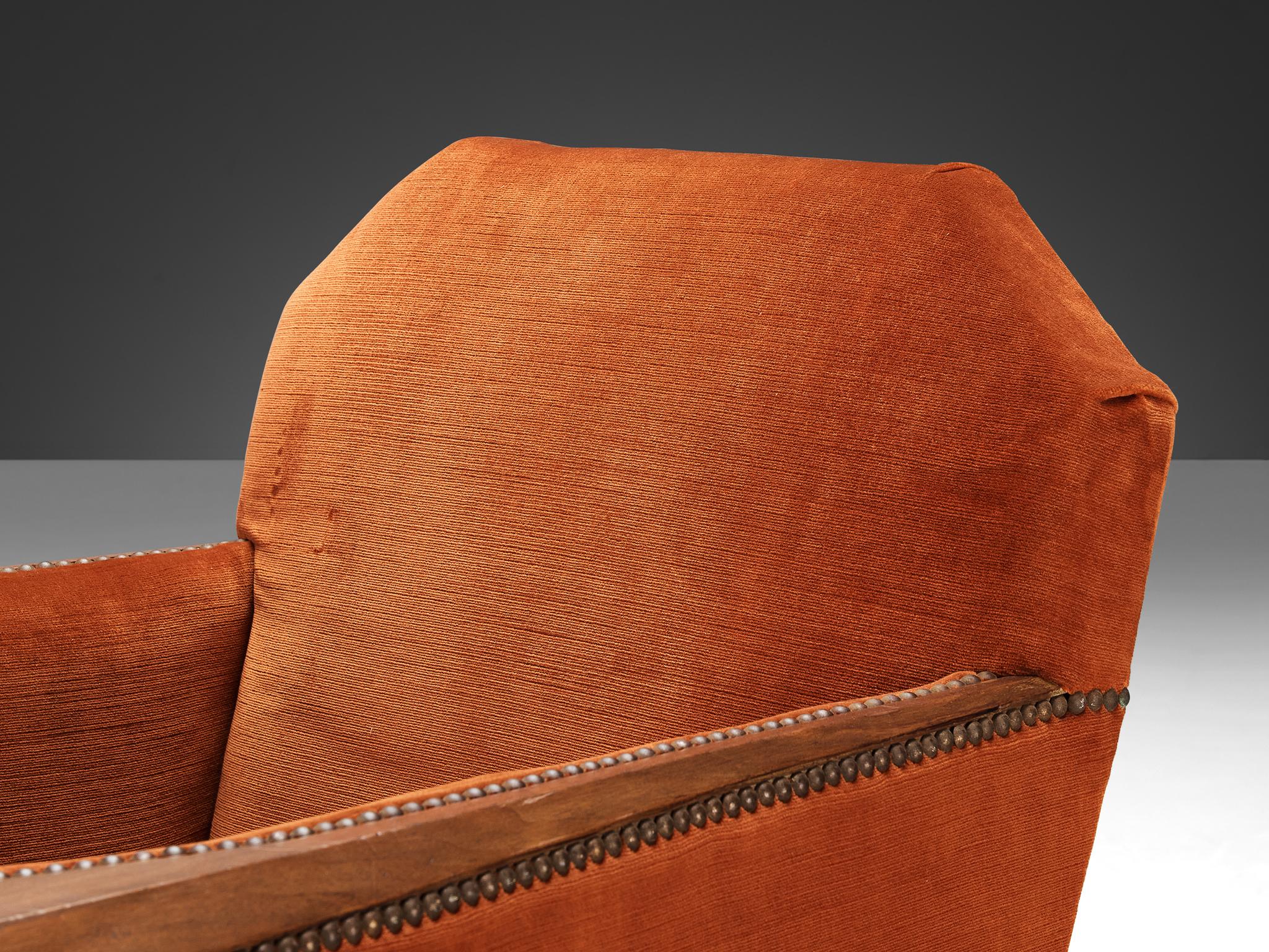 French Art Deco Pair of Lounge Chairs in Orange Corduroy and Walnut 4