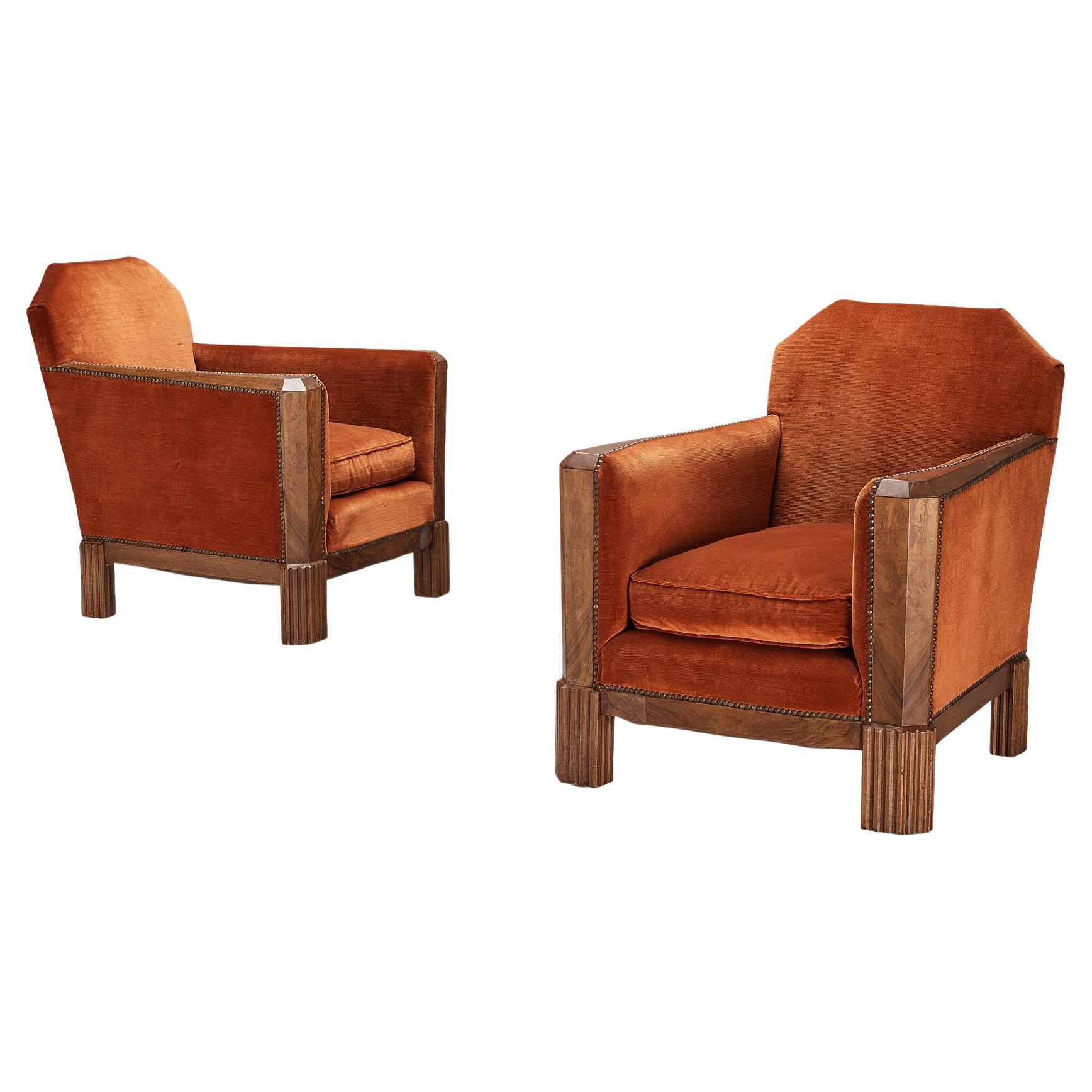 French Art Deco Pair of Lounge Chairs in Orange Corduroy and Walnut  For Sale