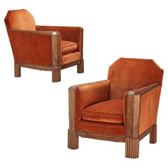 French Art Deco Pair of Lounge Chairs in Orange Corduroy and Walnut