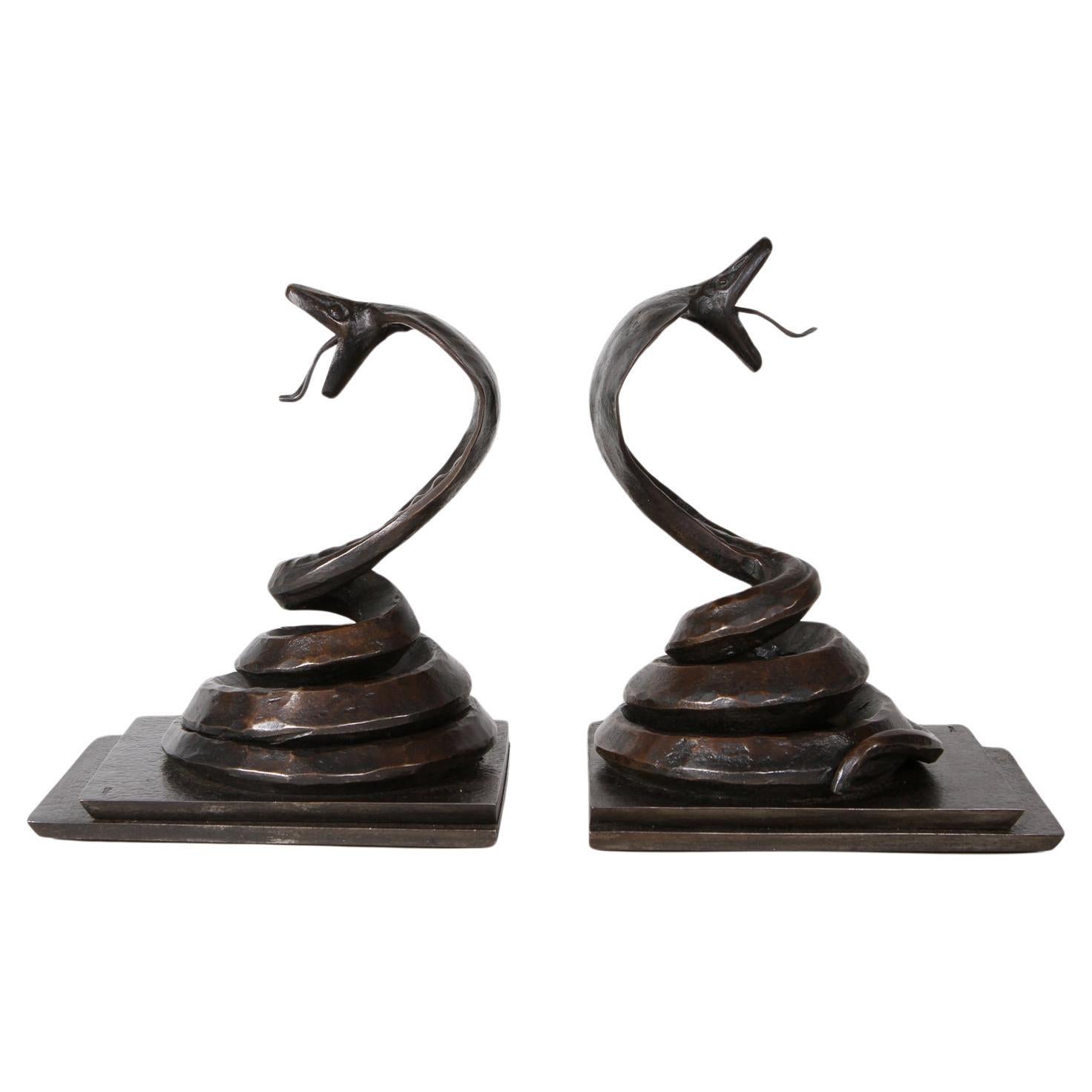 French Art Deco pair of snake bookends by Edgar Brandt  For Sale