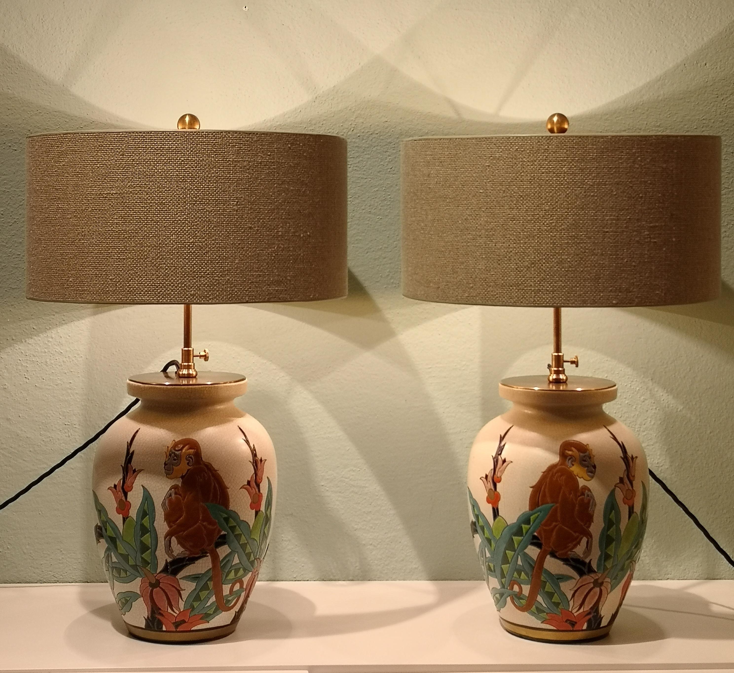 French Art Deco Pair of Table Lamps  Faience Orchies Moulin 11