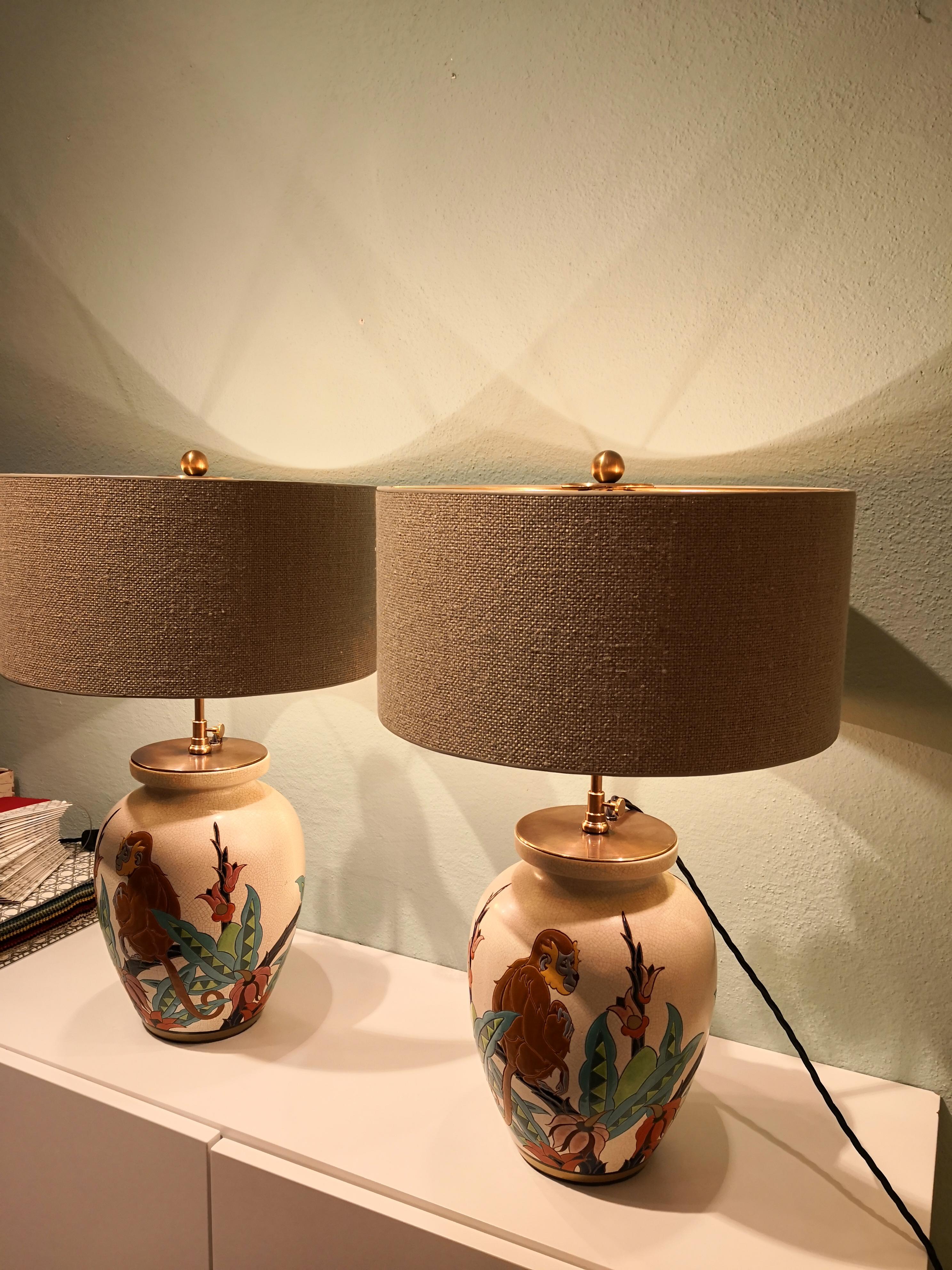 Enameled French Art Deco Pair of Table Lamps  Faience Orchies Moulin