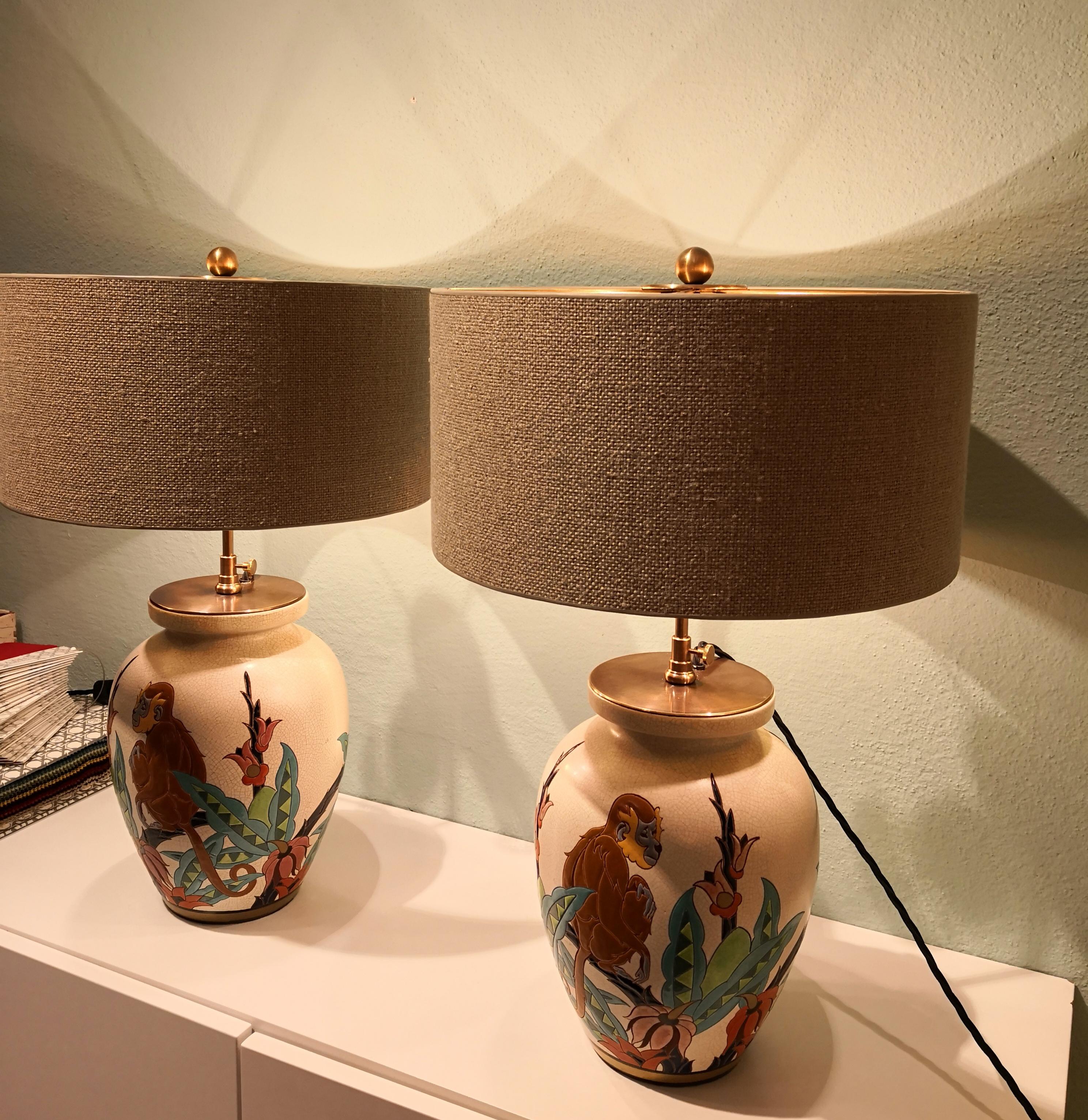 French Art Deco Pair of Table Lamps  Faience Orchies Moulin In Excellent Condition In Kitzbuhel, AT
