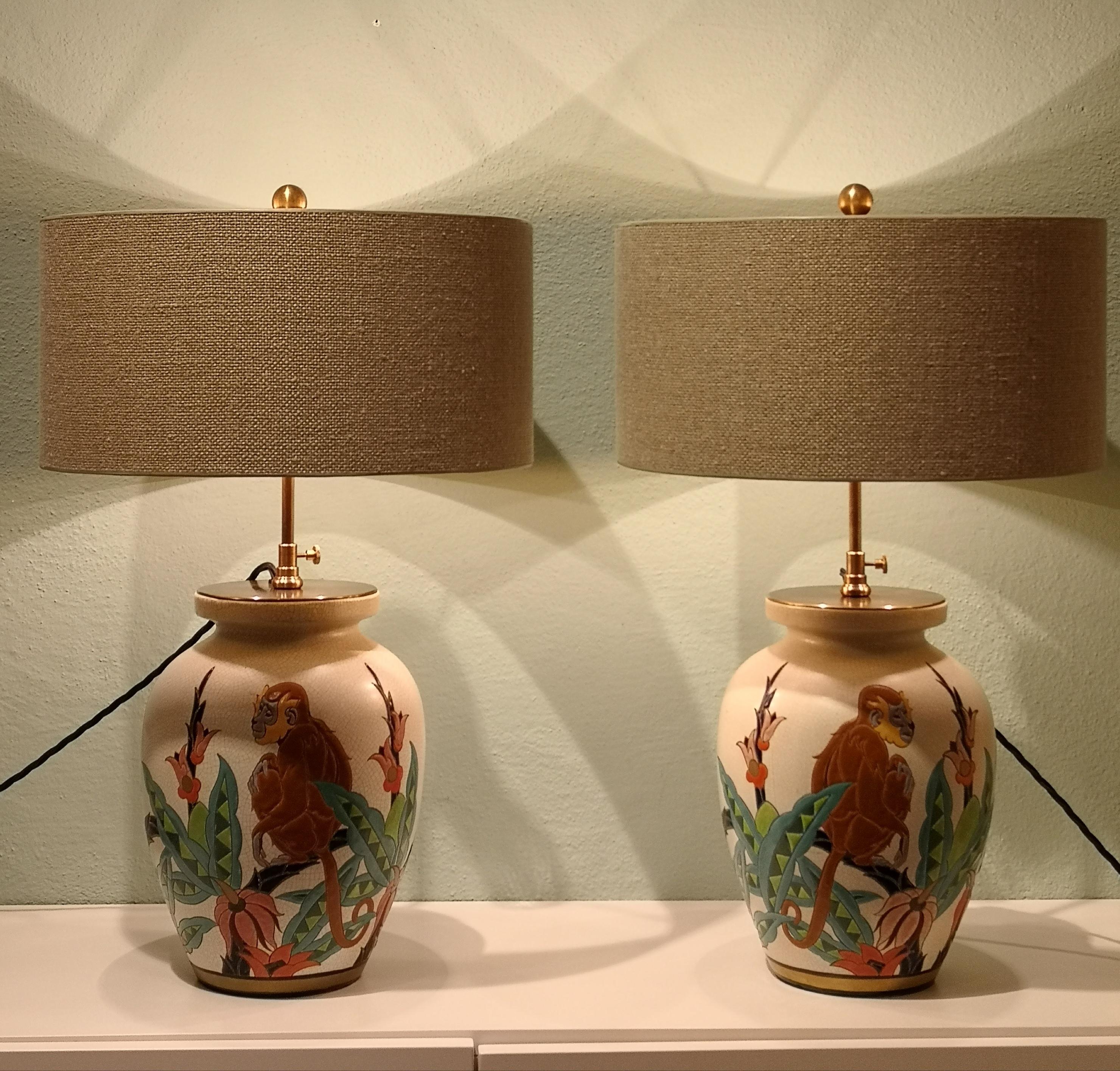 French Art Deco Pair of Table Lamps  Faience Orchies Moulin 3