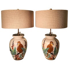 Retro French Art Deco Pair of Table Lamps  Faience Orchies Moulin