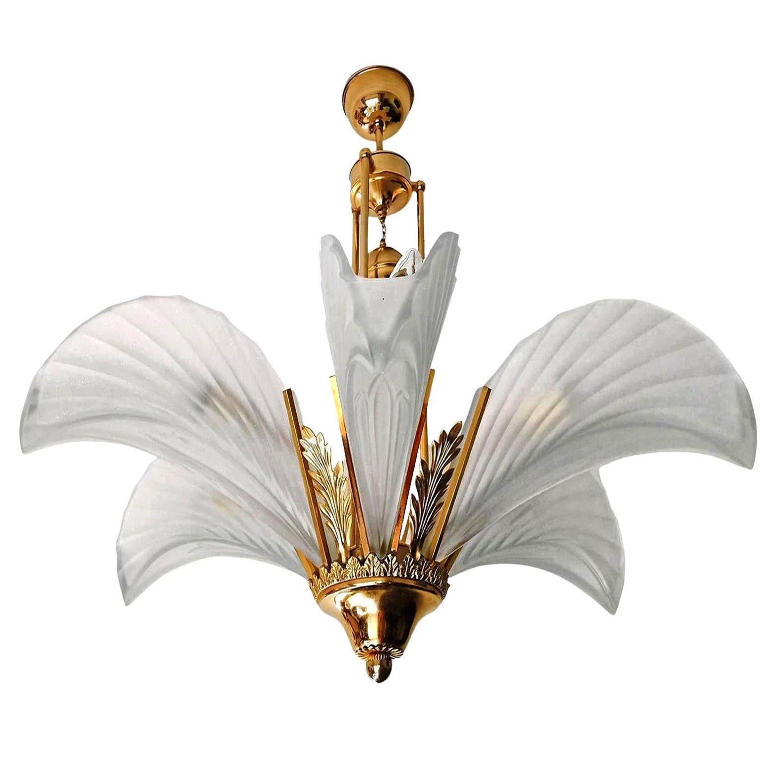 French Art Deco frosted glass leaves lamp shades gilt chandelier. 
Dimentions:
Diameter 28.5 in/ 72 cm
Height 25.2 in/ 64 cm
Weight: 8Kg / 18 lb
6 light bulbs E14 Good working condition
Assembly required.
    