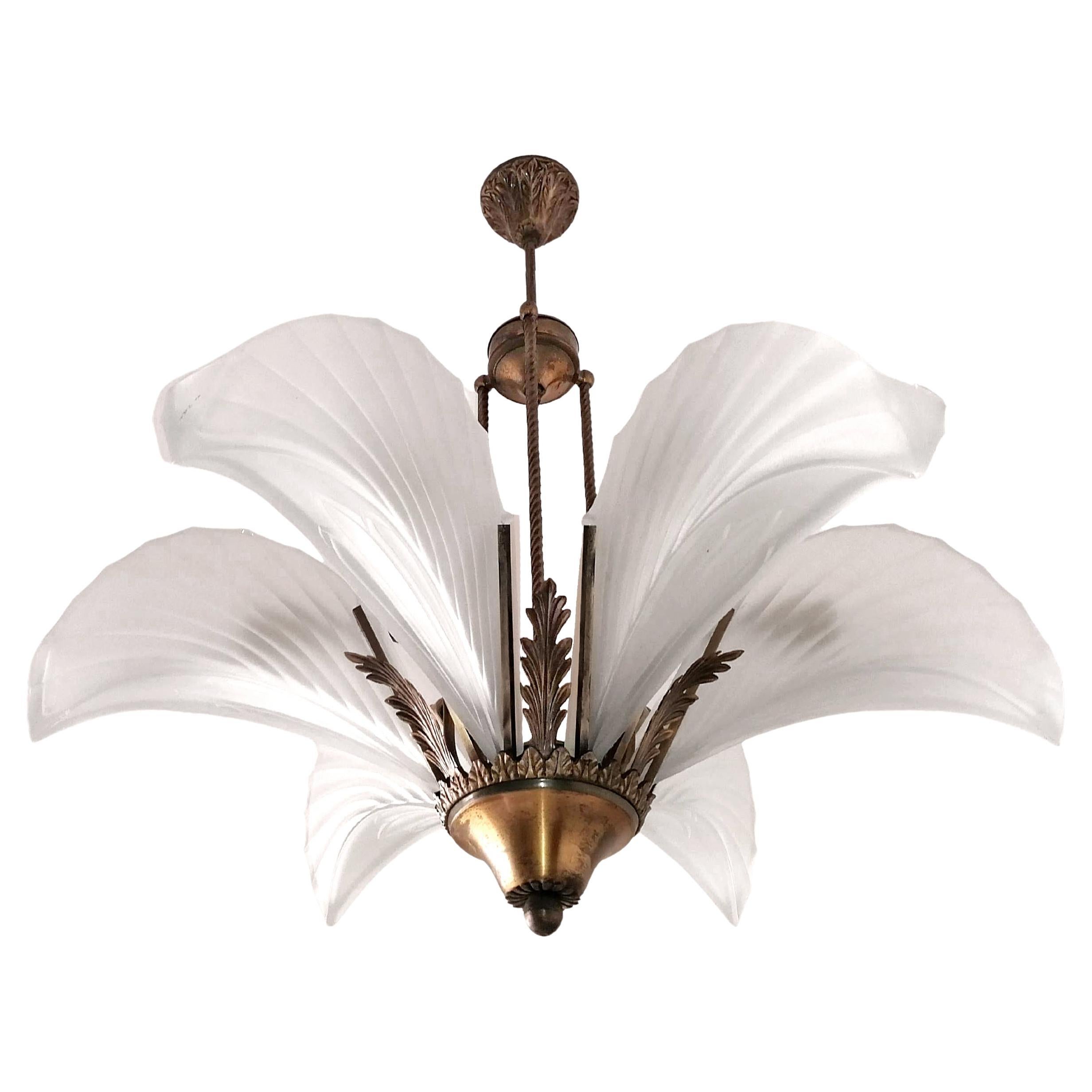 Hollywood Regency French Art Deco Palm Tree Feather Chandelier in Frosted Glass & Gilt Brass