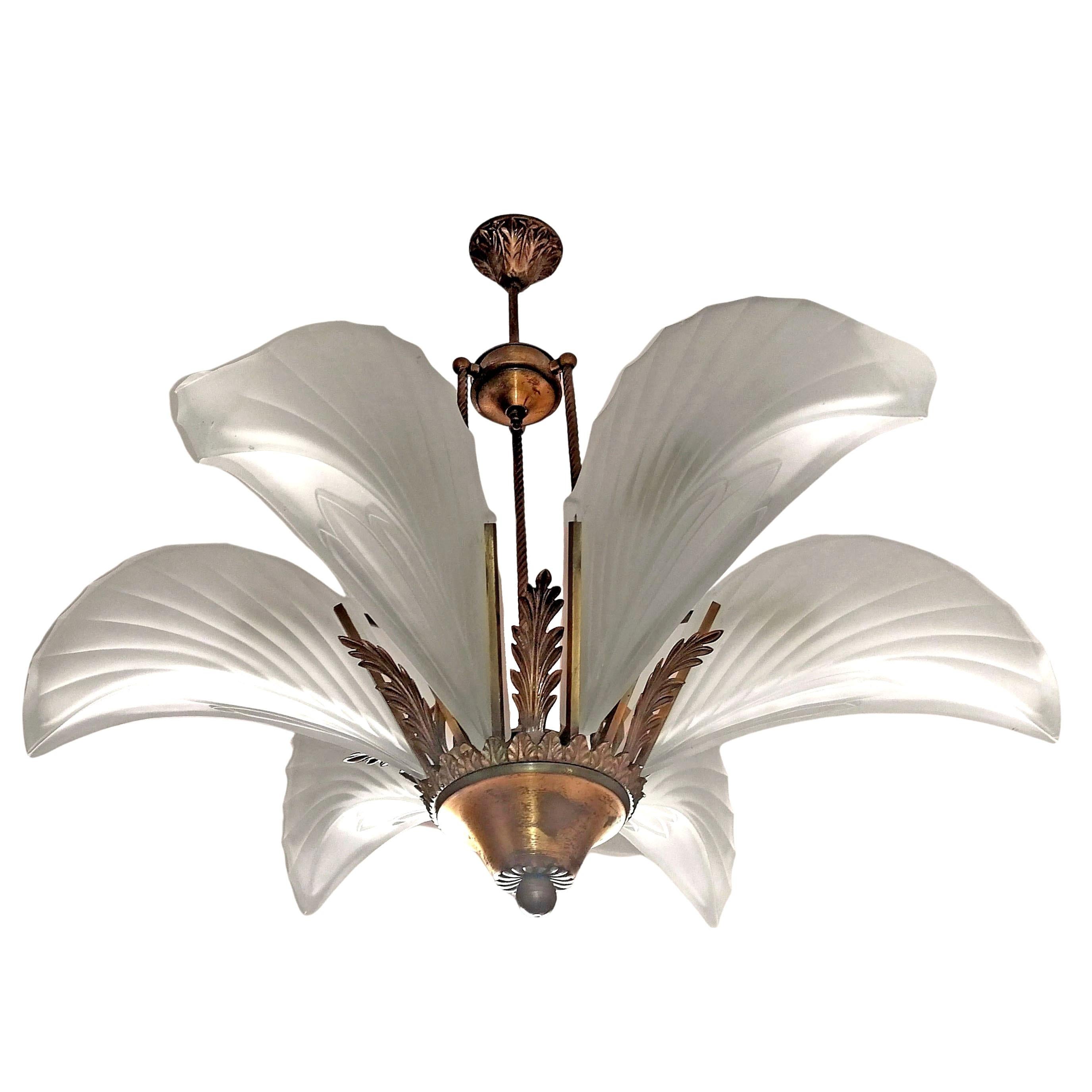 Burnished French Art Deco Palm Tree Feather Chandelier in Frosted Glass & Gilt Brass