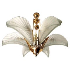 French Art Deco Palm Tree Feather Chandelier in Frosted Glass & Gilt Brass
