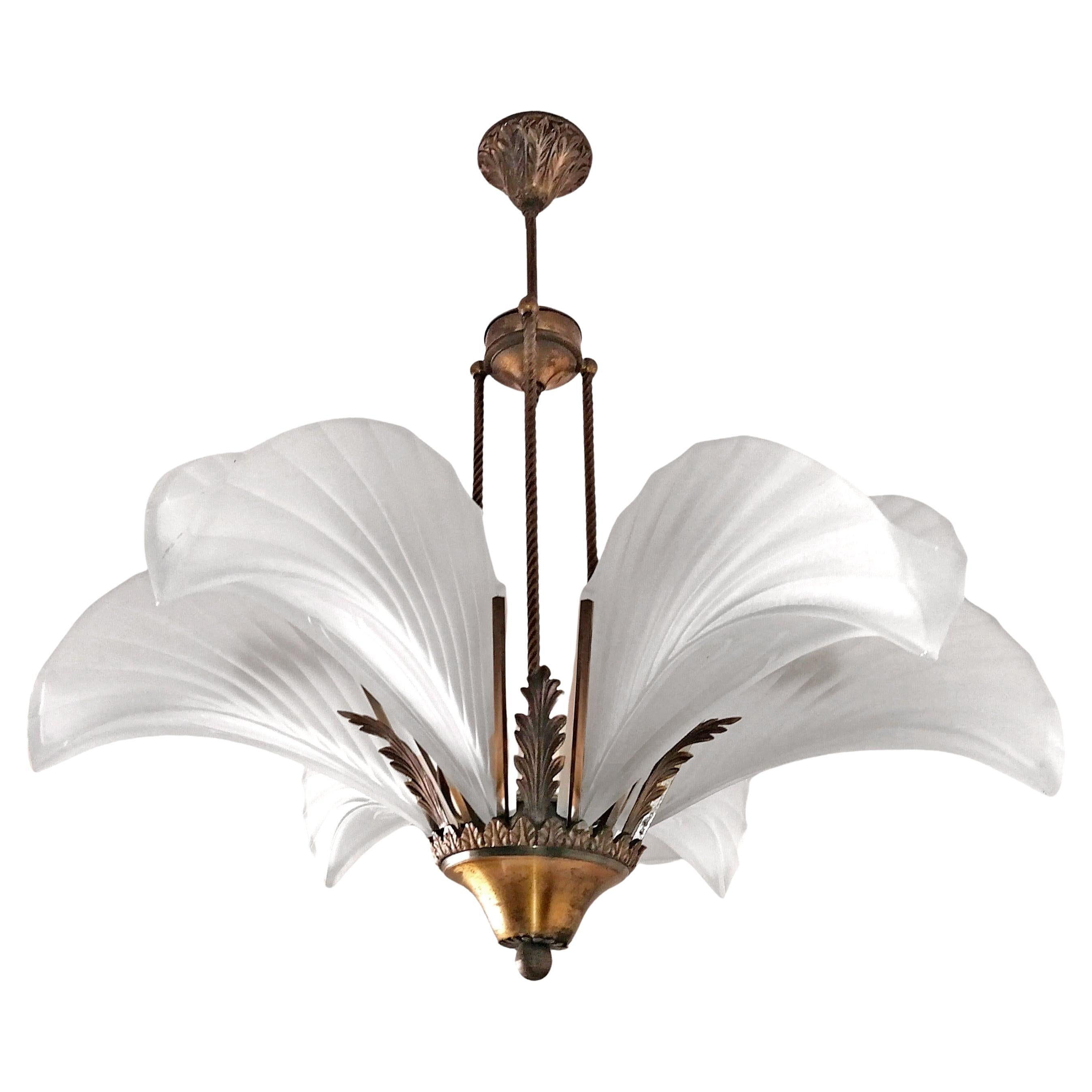 French Art Deco Palm Tree Feather Chandelier in Frosted Glass & Gilt Brass