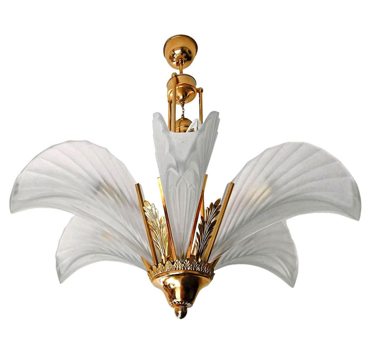 Brass Pair of French Art Deco Palm Tree Feather Chandelier, Frosted Glass & Gilt (PPU)