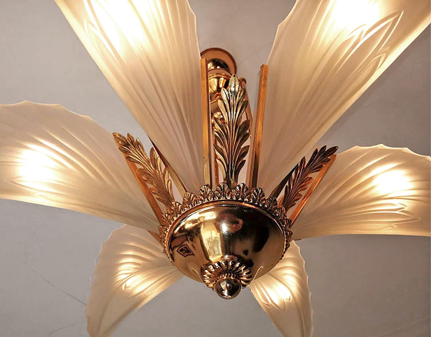 Pair of French Art Deco Palm Tree Feather Chandelier, Frosted Glass & Gilt (PPU) 6
